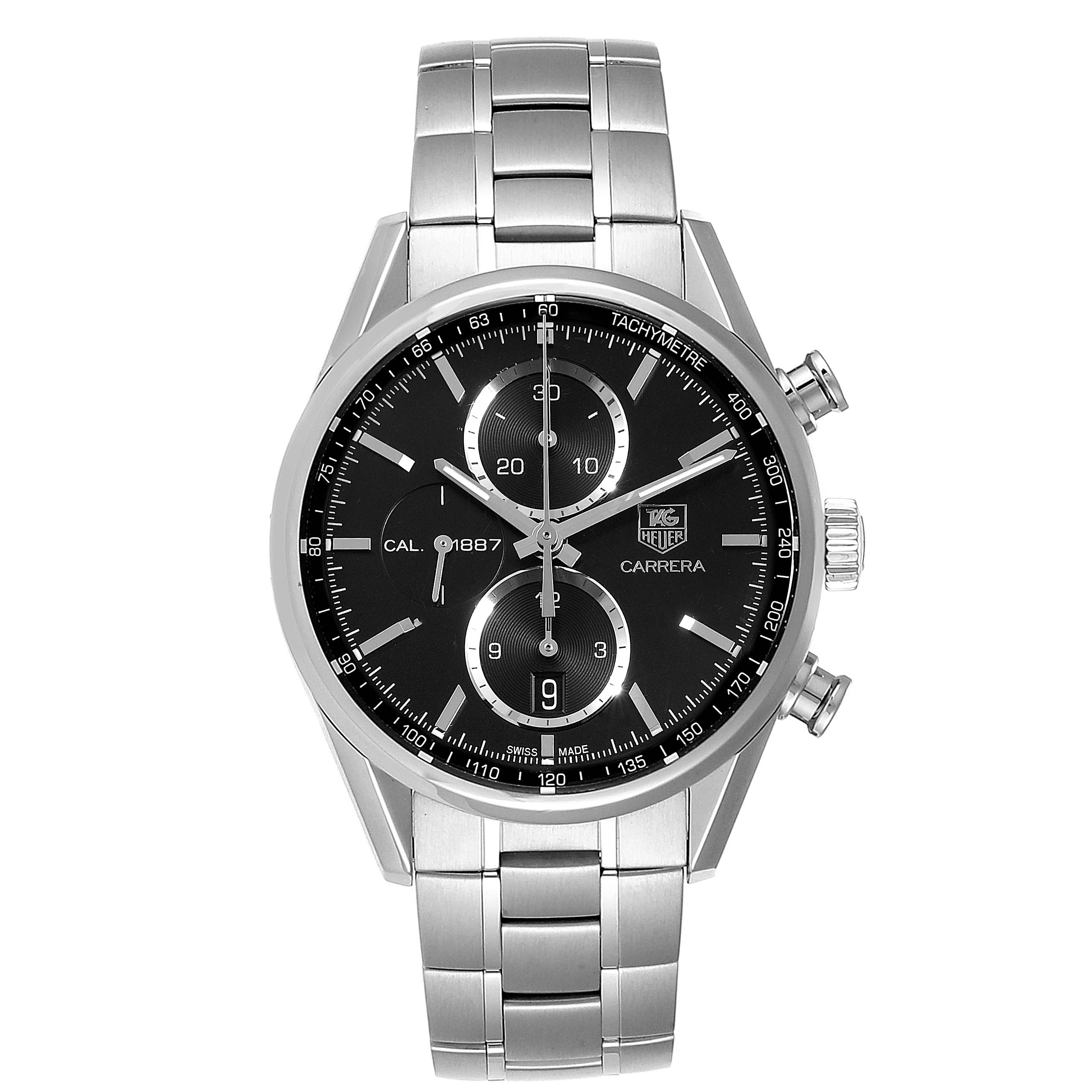 The image shows a frontal view of a Tag Heuer Carrera CAR2110.BA0720 Men's Stainless Steel Black Dial CAR2110.BA0720 Men's Stainless Steel Black Dial watch with a stainless steel bracelet and a black dial.