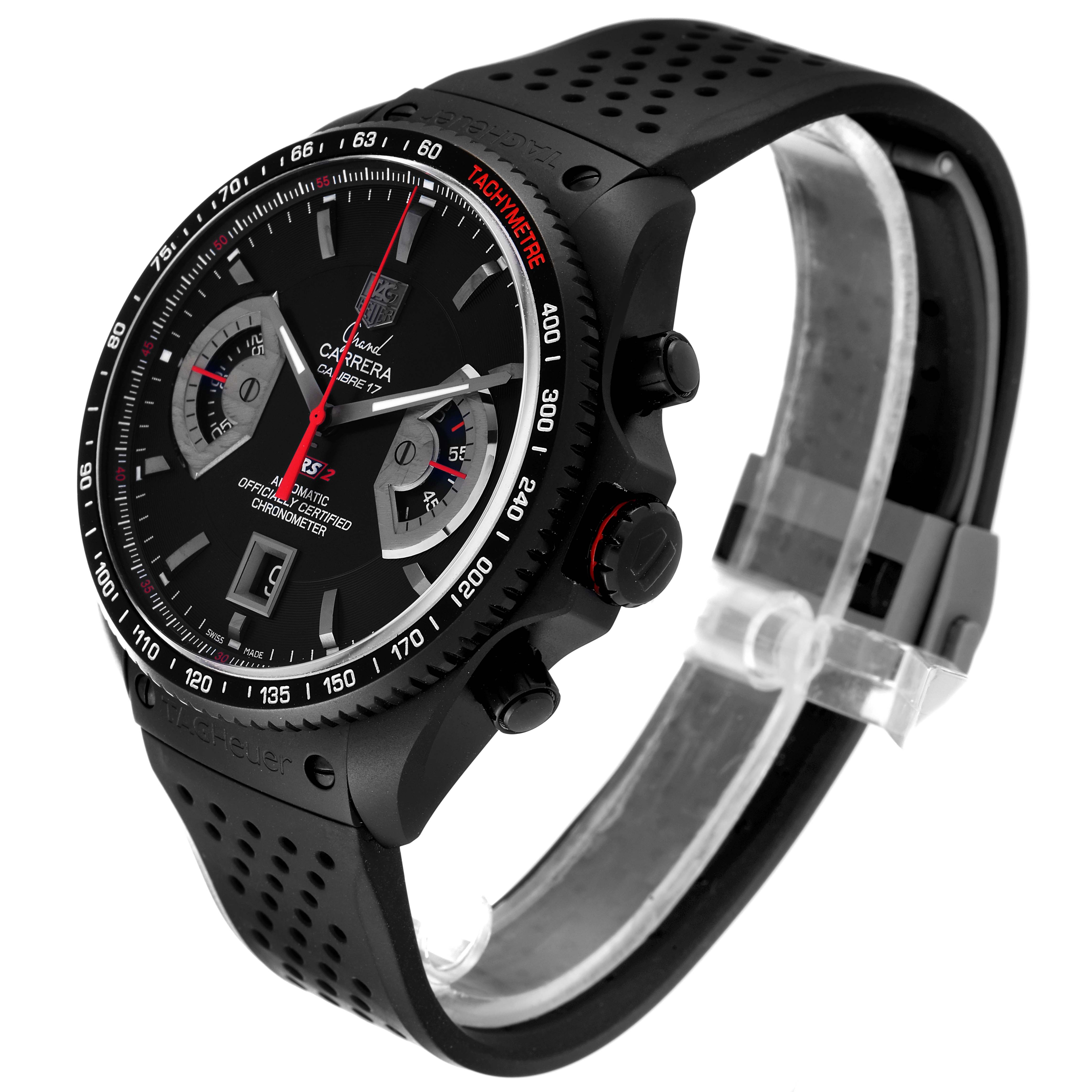 This image of the Tag Heuer Carrera CAV518B.FT6016 Men's Stainless Steel Black Dial CAV518B.FT6016 Men's Stainless Steel Black Dial watch shows a front and side angle, highlighting the dial, bezel, pushers, and strap.