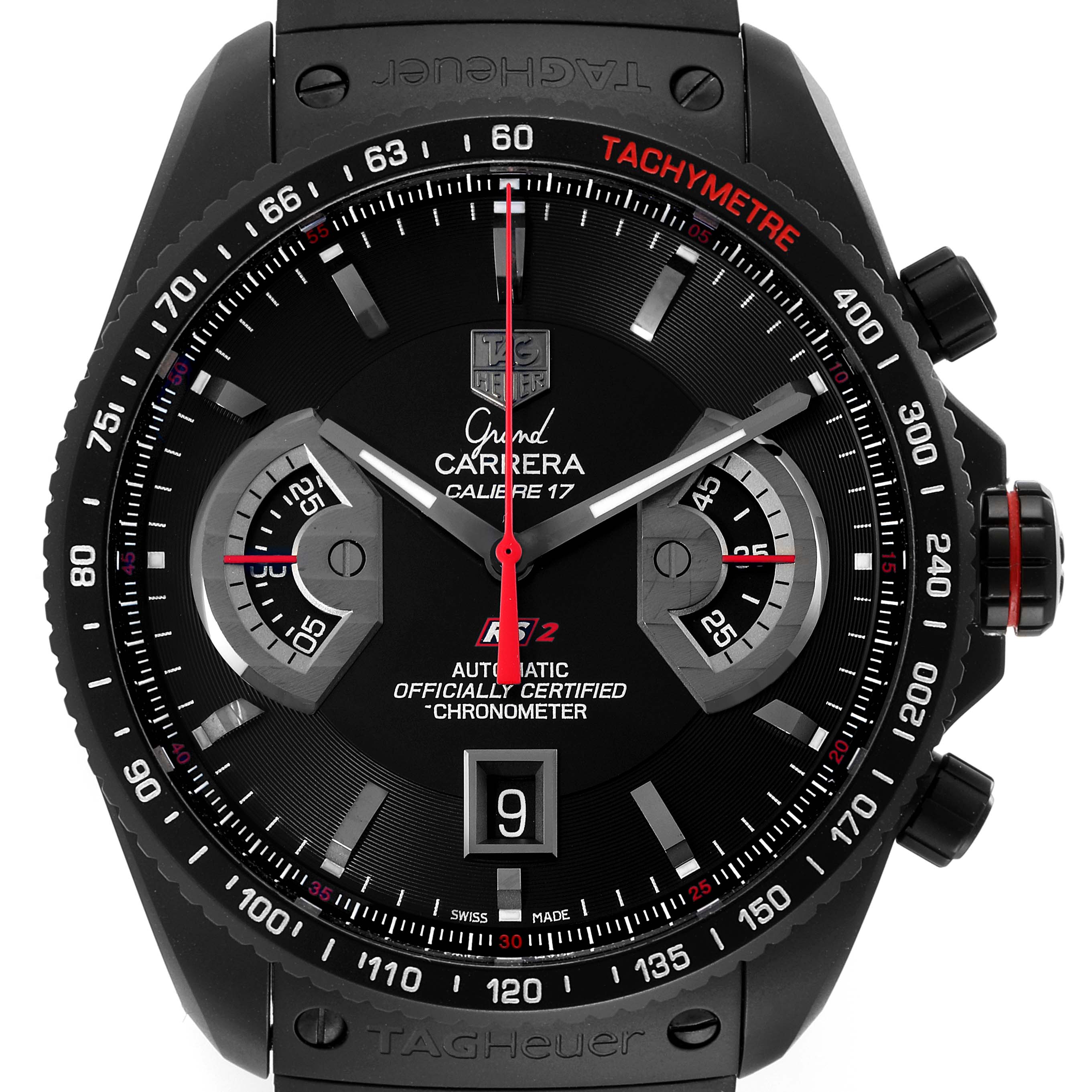 The image shows a front view of the Tag Heuer Carrera CAV518B.FT6016 Men's Stainless Steel Black Dial CAV518B.FT6016 Men's Stainless Steel Black Dial model watch, displaying its dial, bezel, and chronograph features.