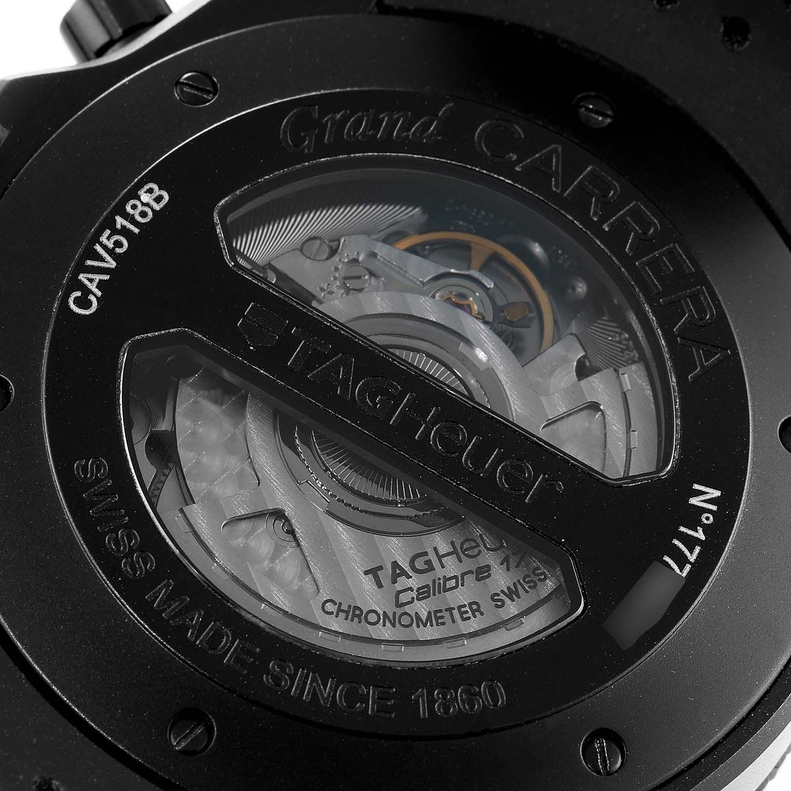 The image shows the case back of a Tag Heuer Carrera CAV518B.FT6016 Men's Stainless Steel Black Dial CAV518B.FT6016 Men's Stainless Steel Black Dial watch, revealing the inner mechanisms and the model number CAV518B.