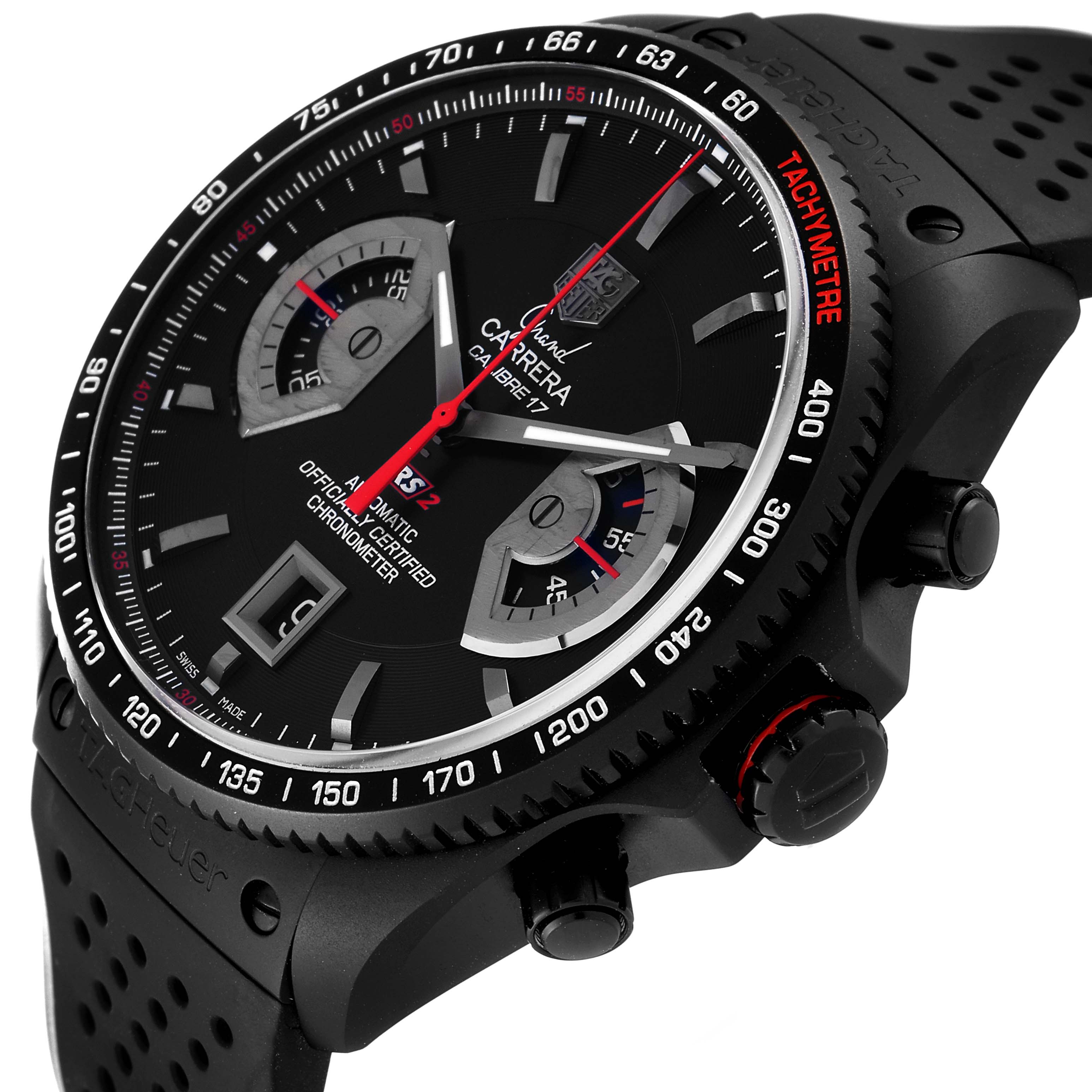 The image shows a close-up of a Tag Heuer Carrera CAV518B.FT6016 Men's Stainless Steel Black Dial CAV518B.FT6016 Men's Stainless Steel Black Dial watch, highlighting the dial, bezel, and part of the strap.