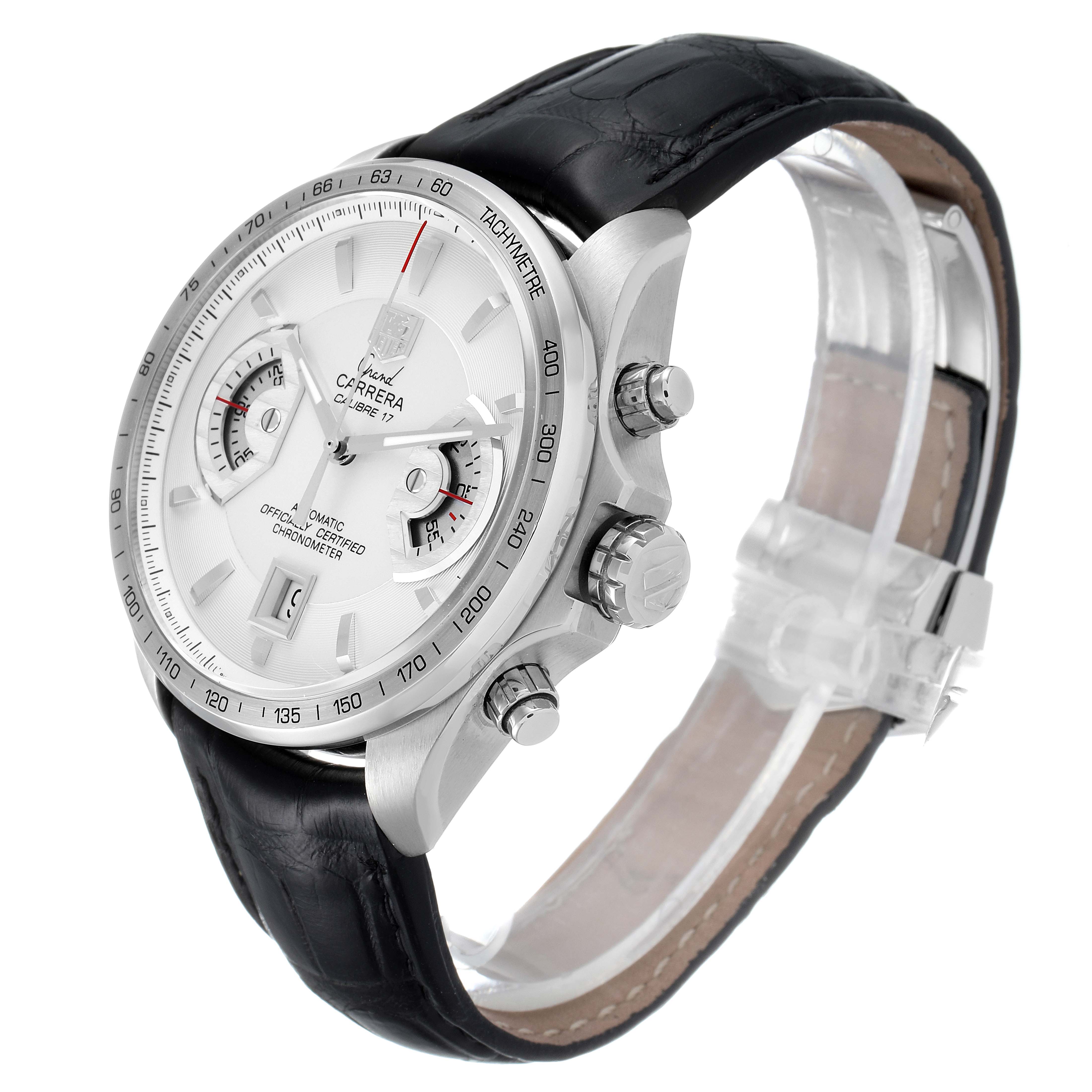 The Tag Heuer Carrera CAV511B.FC6231 Men's Stainless Steel Silver Dial CAV511B.FC6231 Men's Stainless Steel Silver Dial watch is shown at an angled view, displaying its dial, bezel, crown, chronograph pushers, and leather strap.