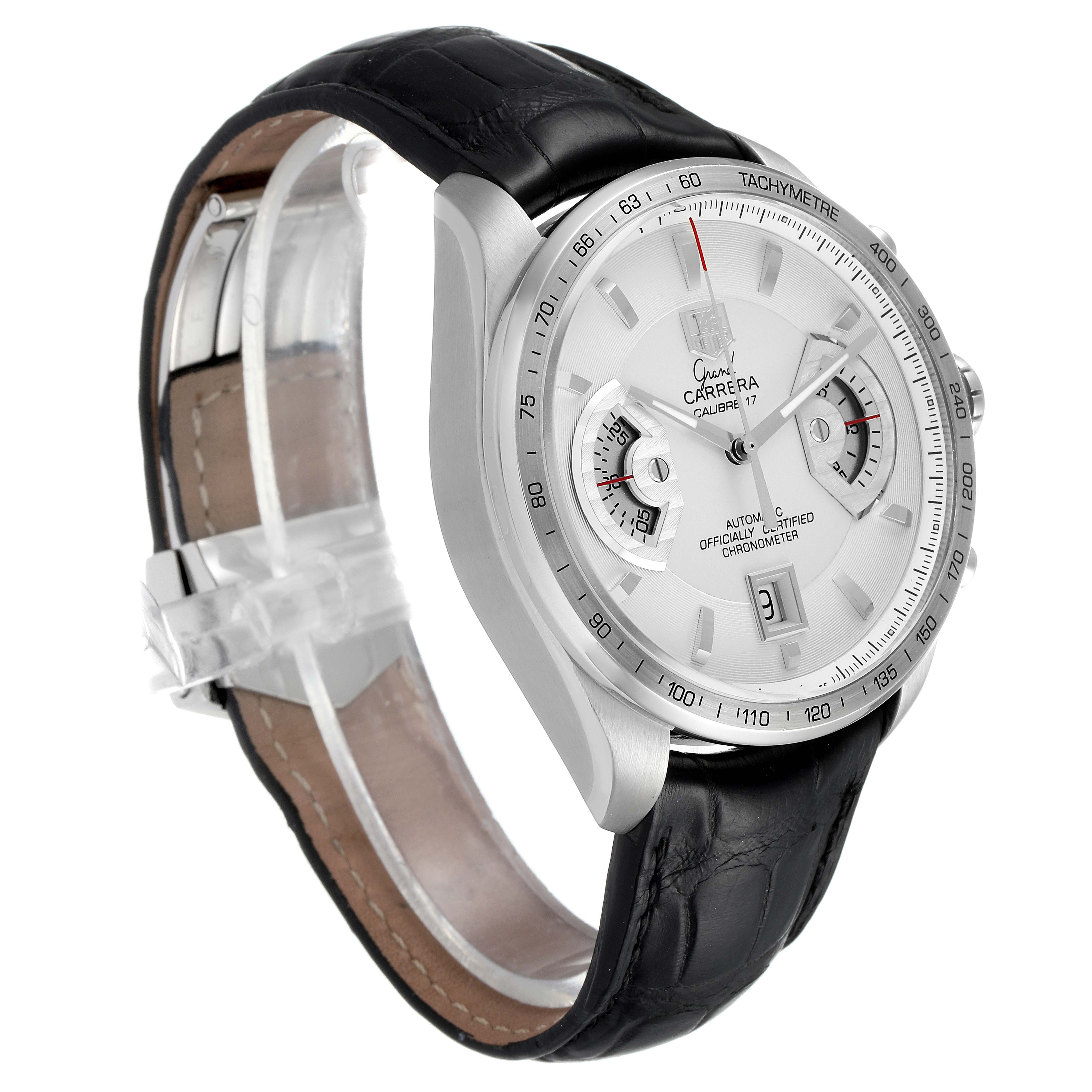 The image shows a Tag Heuer Carrera CAV511B.FC6231 Men's Stainless Steel Silver Dial CAV511B.FC6231 Men's Stainless Steel Silver Dial watch from a left side angle, highlighting the dial, bezel, and black leather strap.
