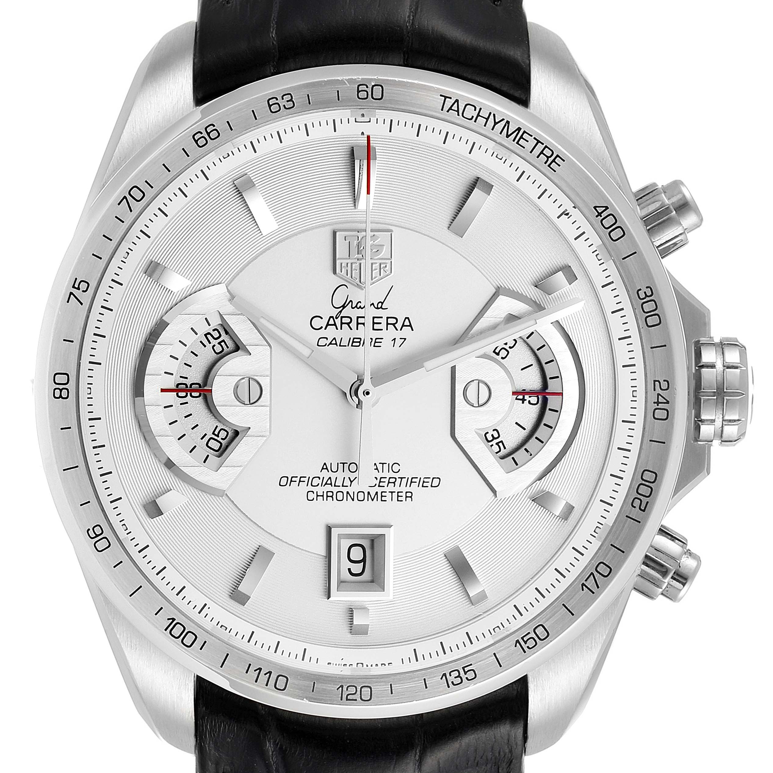 The image shows a front view of the Tag Heuer Carrera CAV511B.FC6231 Men's Stainless Steel Silver Dial CAV511B.FC6231 Men's Stainless Steel Silver Dial Calibre 17 watch, highlighting its dial, bezel, and crown.