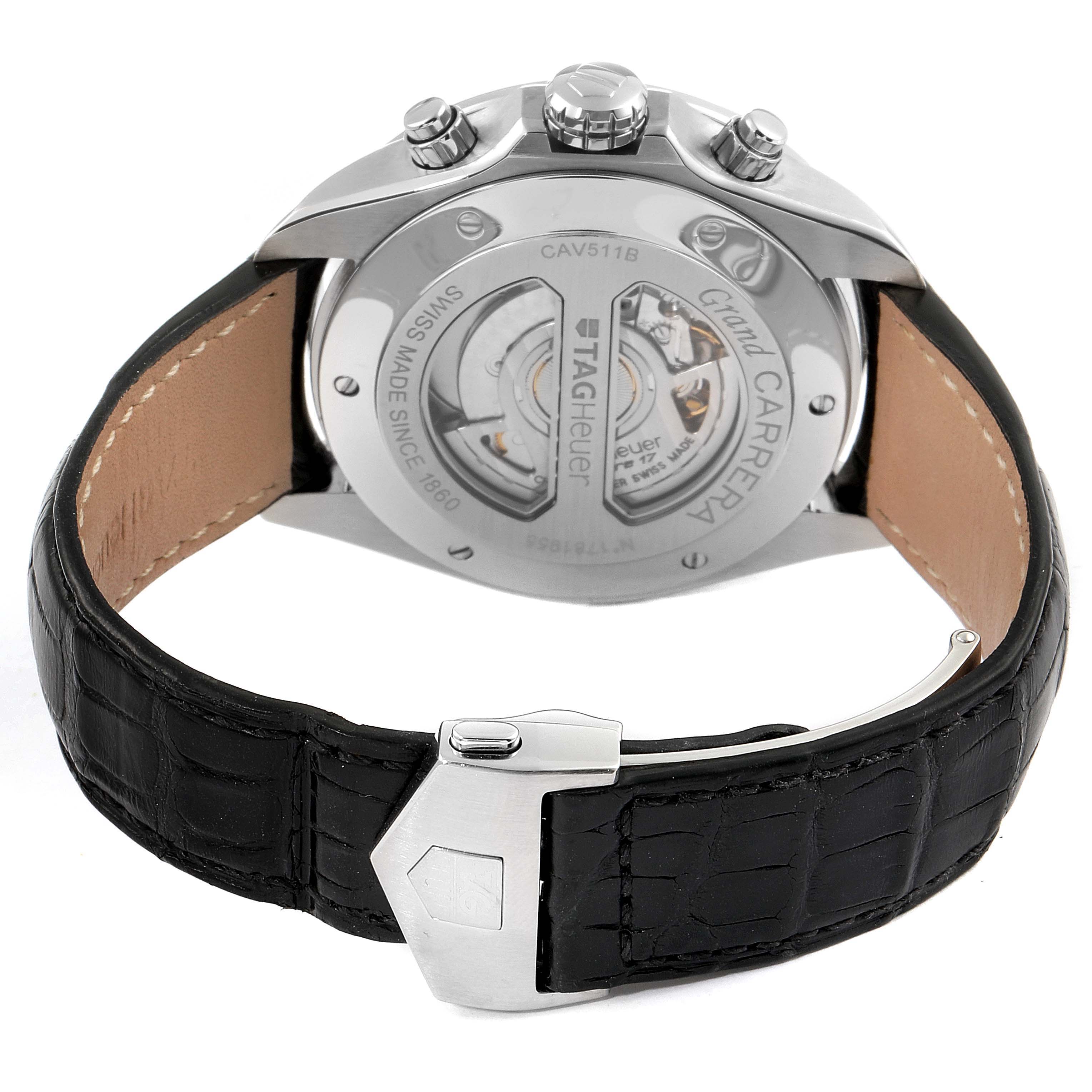 The image shows the back view of a Tag Heuer Carrera CAV511B.FC6231 Men's Stainless Steel Silver Dial CAV511B.FC6231 Men's Stainless Steel Silver Dial watch, highlighting the caseback, movement, and leather strap.