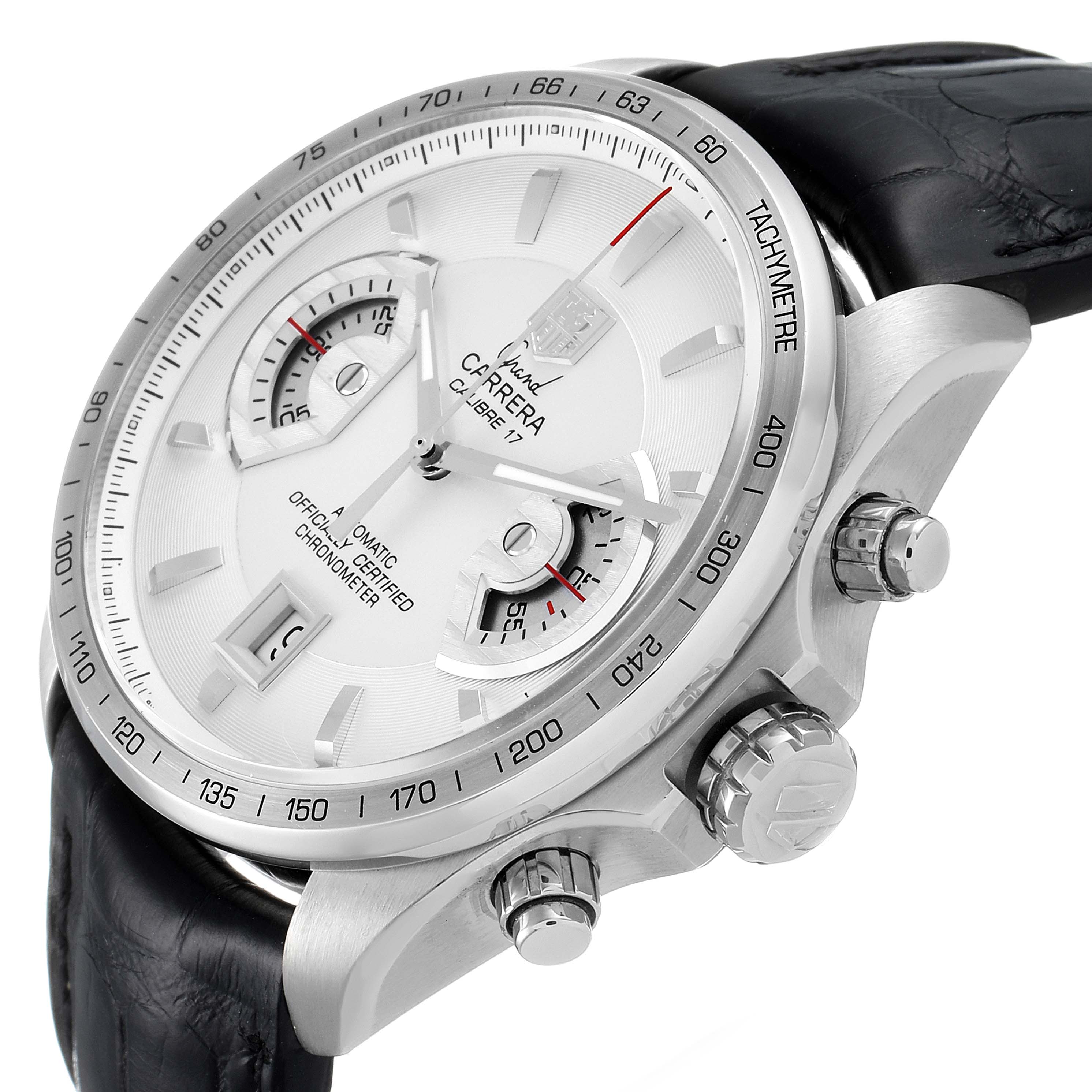 The Tag Heuer Carrera CAV511B.FC6231 Men's Stainless Steel Silver Dial CAV511B.FC6231 Men's Stainless Steel Silver Dial watch is shown at a slight angle, highlighting its face, bezel, crown, pushers, and leather strap.
