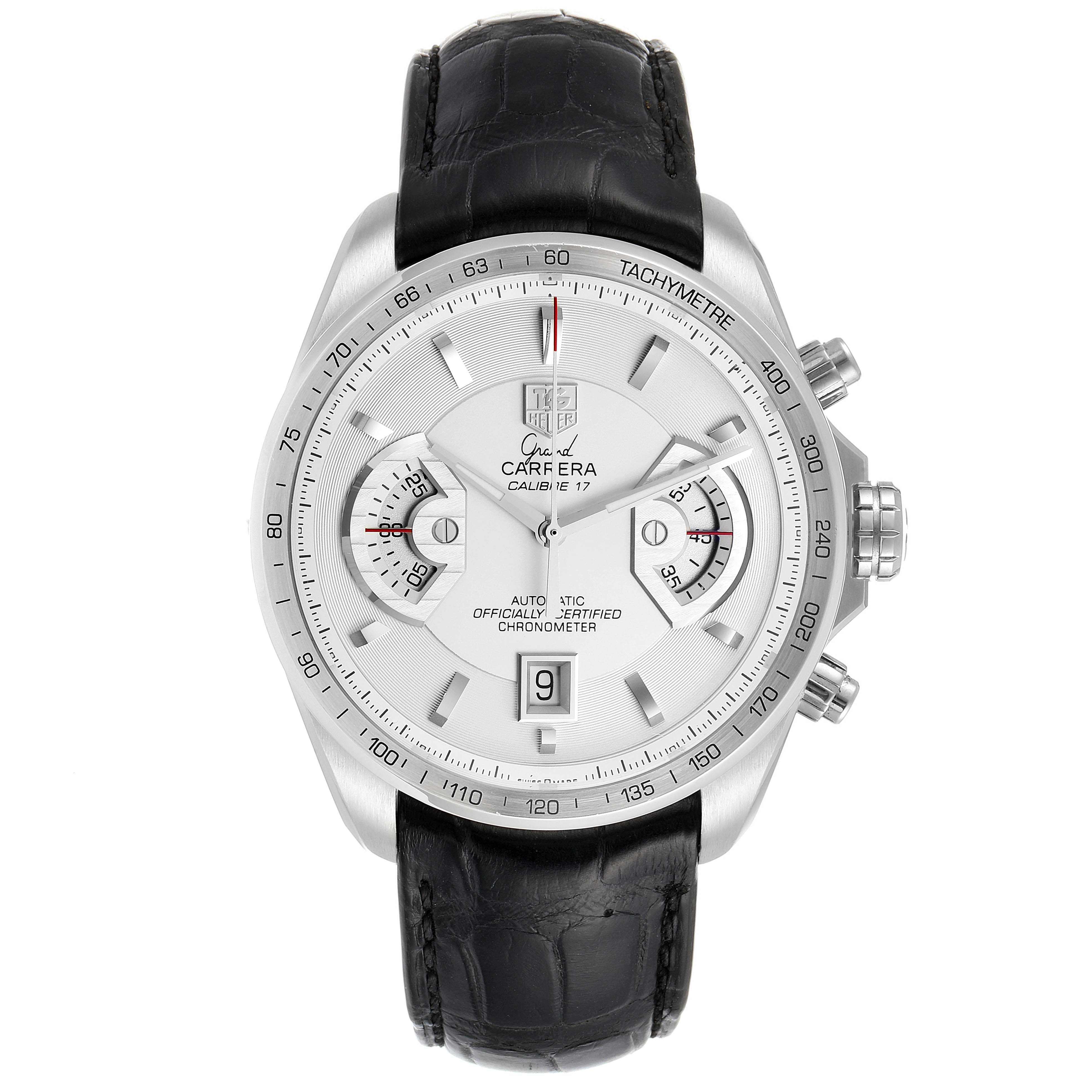 The image shows a front view of a Tag Heuer Carrera CAV511B.FC6231 Men's Stainless Steel Silver Dial CAV511B.FC6231 Men's Stainless Steel Silver Dial watch with black leather strap and silver dial.