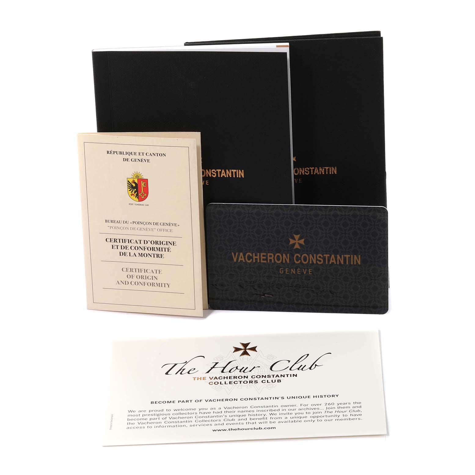 The image shows the documentation and accessories for a Vacheron Constantin Patrimony 1110U/000G-B086 Men's White Gold Silver Dial 1110U/000G-B086 Men's White Gold Silver Dial watch, including certificates and membership information.