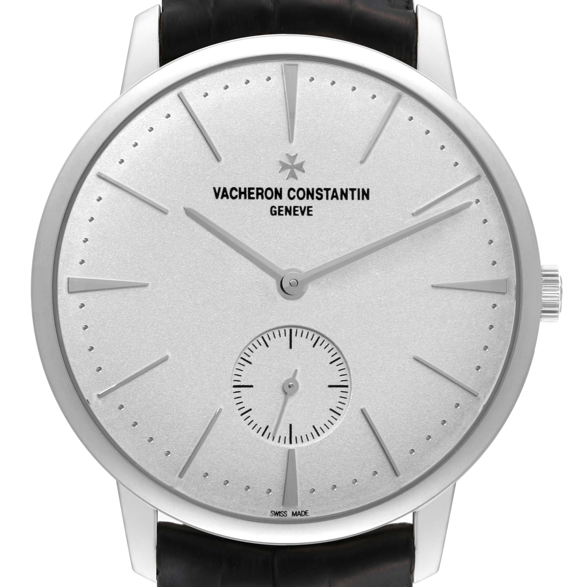 The image shows a front view of the Vacheron Constantin Patrimony 1110U/000G-B086 Men's White Gold Silver Dial 1110U/000G-B086 Men's White Gold Silver Dial watch, displaying its dial, hands, and small seconds sub-dial.