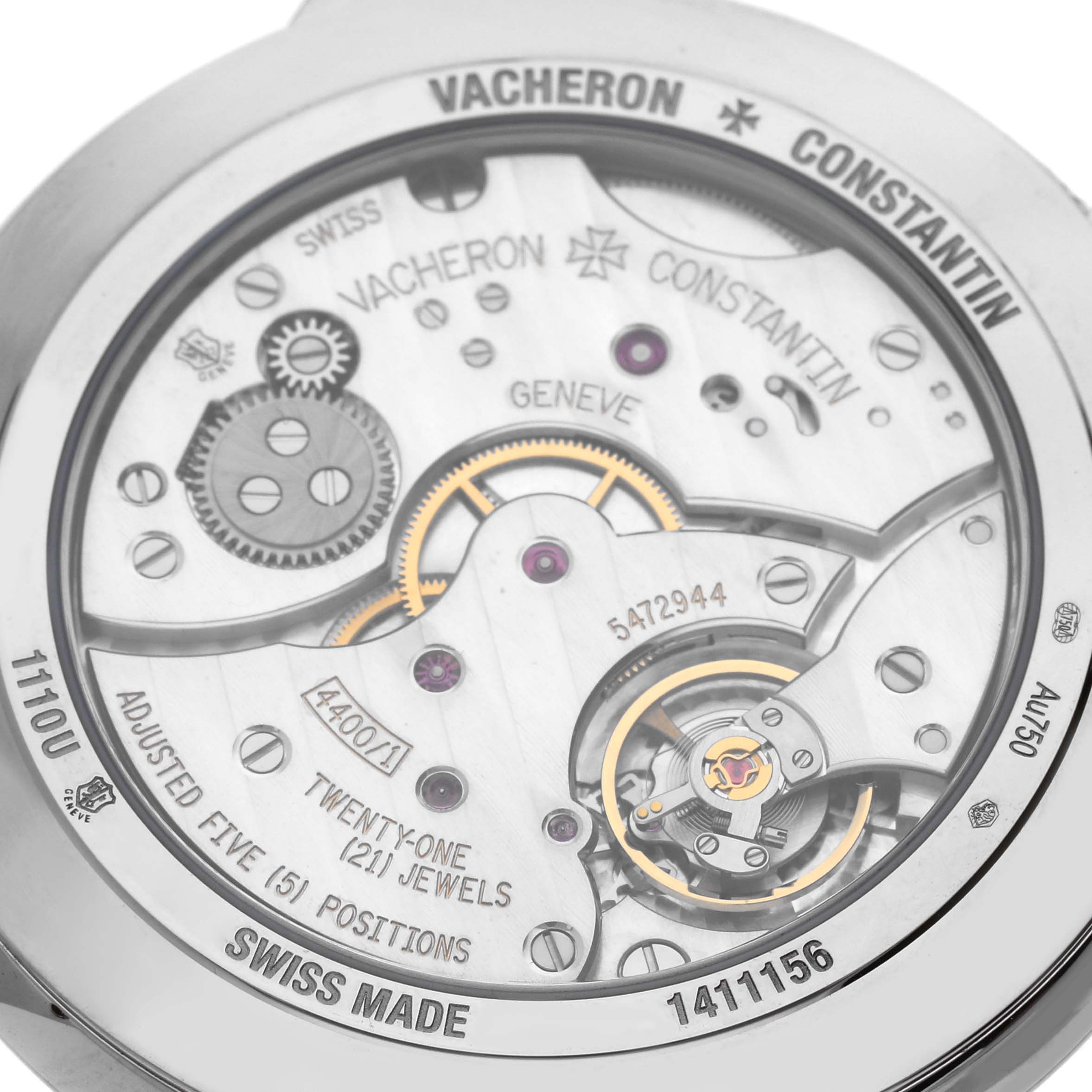 The image shows the back view of the Vacheron Constantin Patrimony 1110U/000G-B086 Men's White Gold Silver Dial 1110U/000G-B086 Men's White Gold Silver Dial watch, highlighting its intricate movement and components.