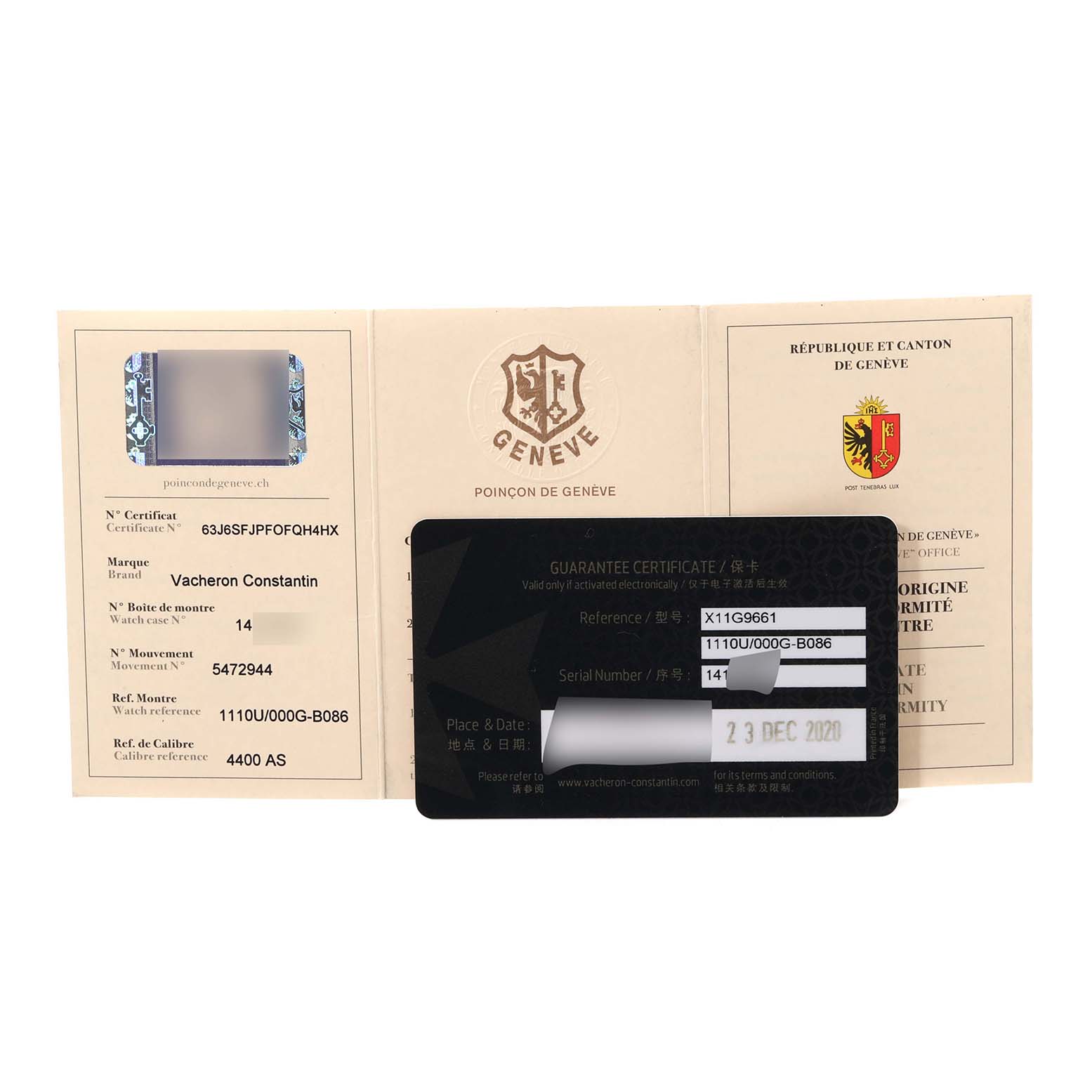 The image shows the guarantee certificate and warranty card for the Patrimony model by Vacheron Constantin.