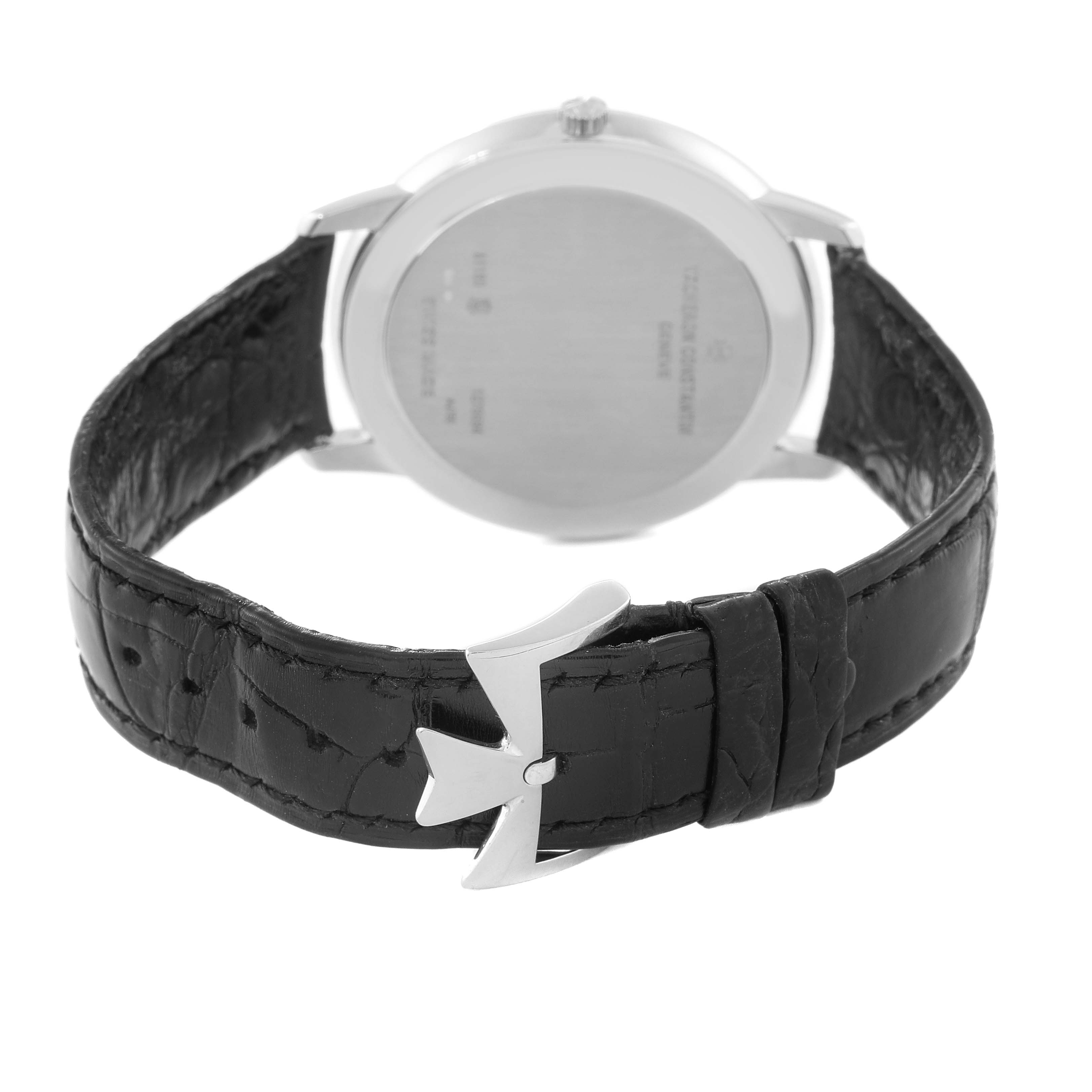 This image shows the back view of a Vacheron Constantin Patrimony 81180/000G Men's White Gold Silver Dial 81180/000G Men's White Gold Silver Dial watch, highlighting its clasp and leather strap.