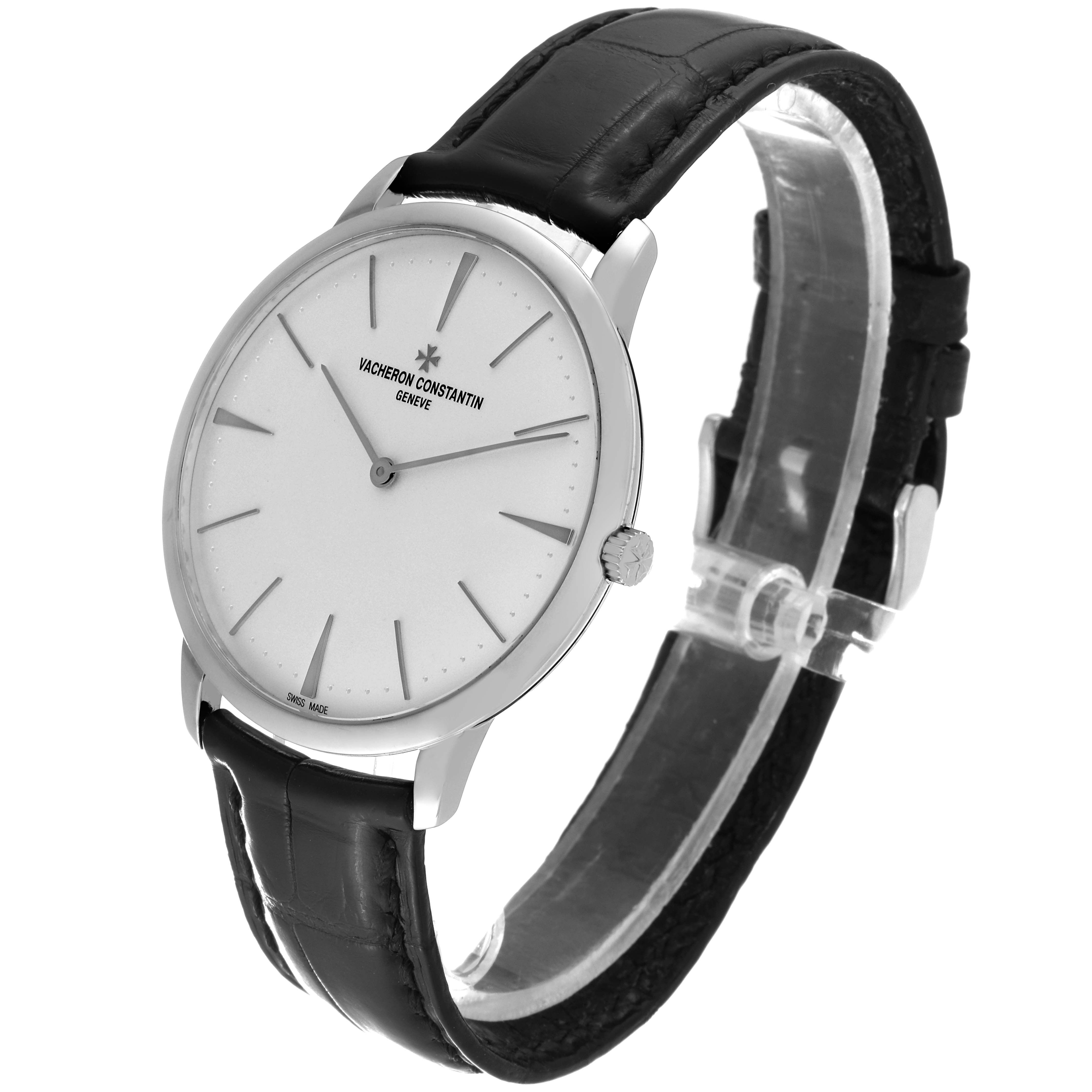 The Vacheron Constantin Patrimony 81180/000G Men's White Gold Silver Dial 81180/000G Men's White Gold Silver Dial watch is shown at a three-quarter angle, featuring the face, crown, and leather strap.