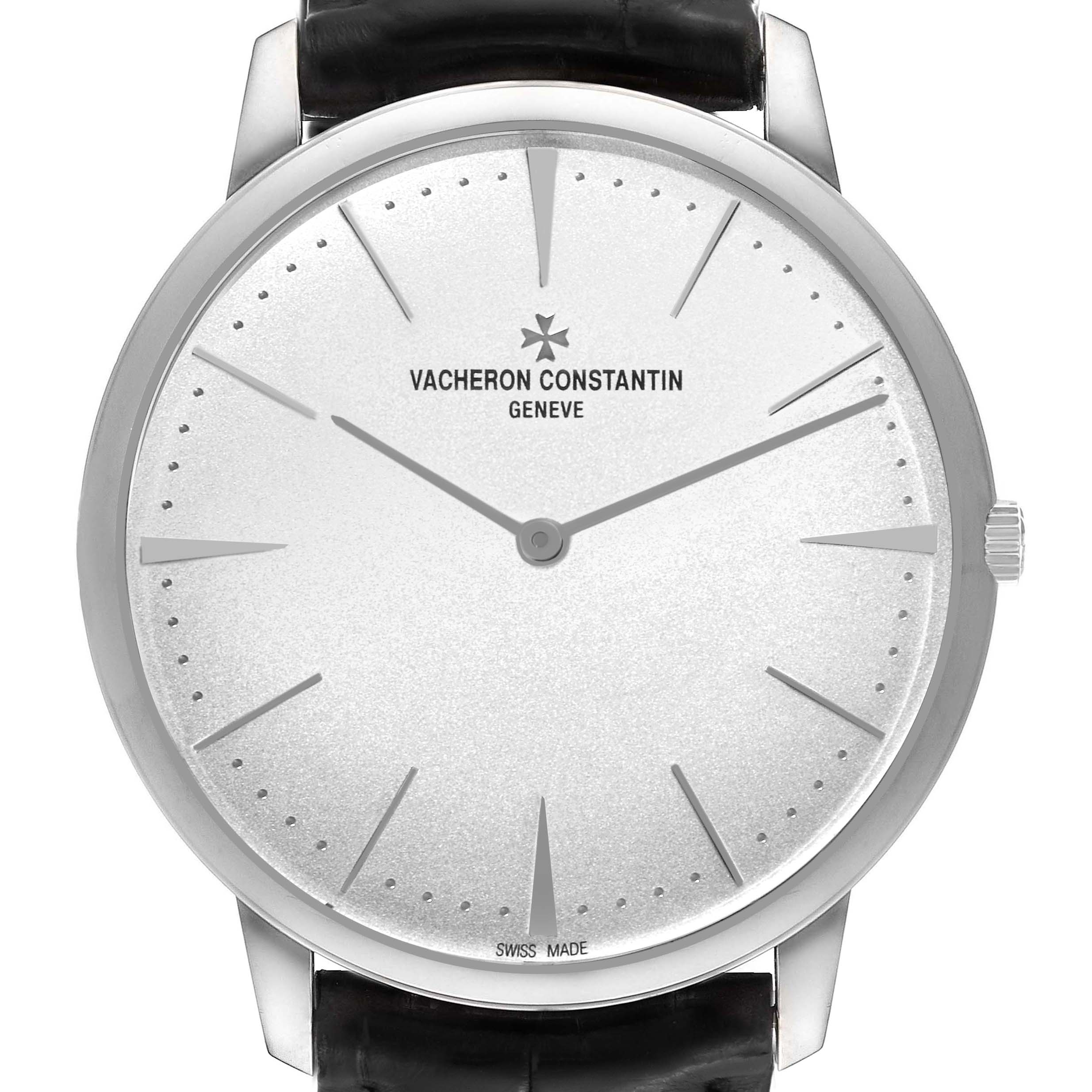 This image shows a frontal view of the Vacheron Constantin Patrimony 81180/000G Men's White Gold Silver Dial 81180/000G Men's White Gold Silver Dial watch, highlighting its face, dial, case, and part of the strap.