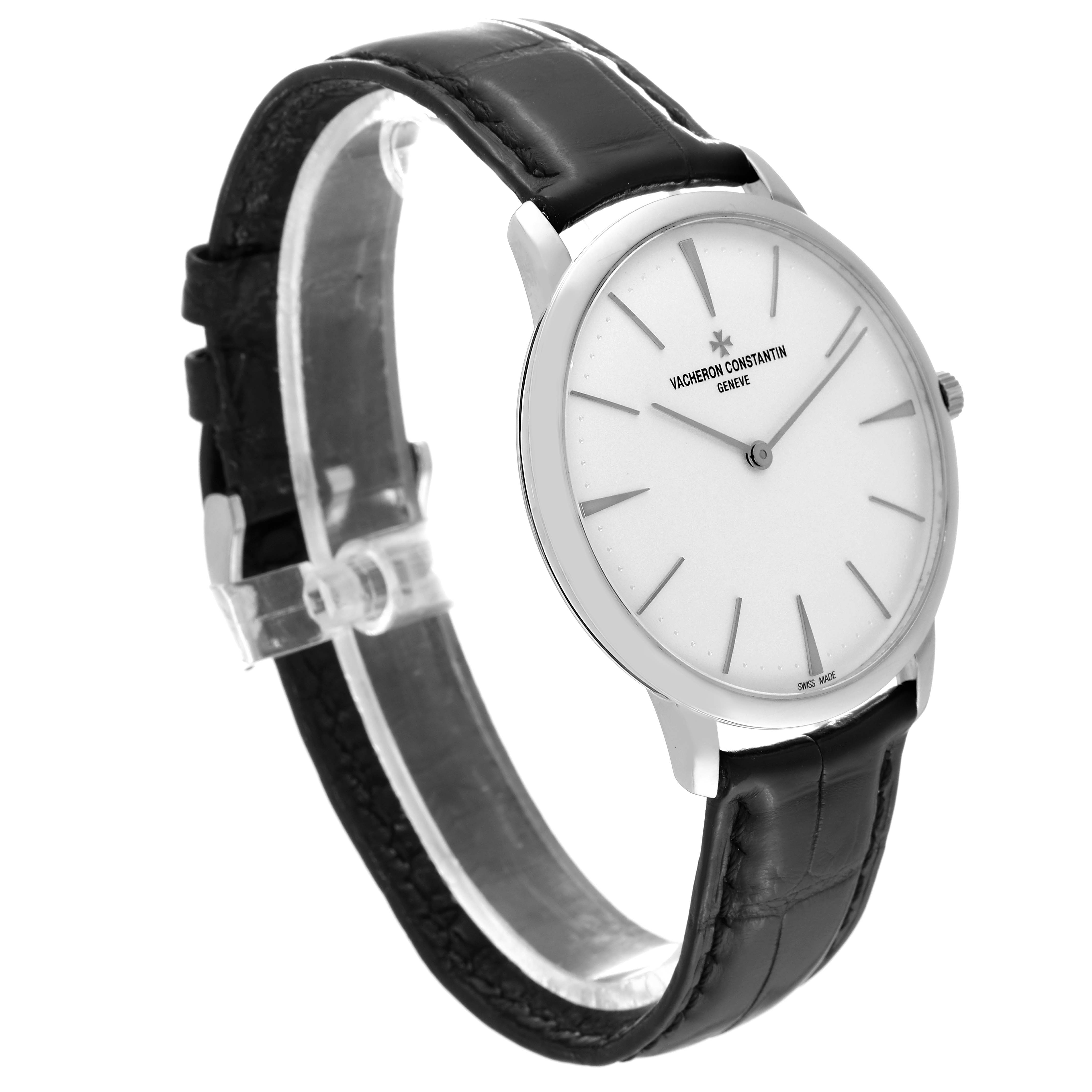 The Vacheron Constantin Patrimony 81180/000G Men's White Gold Silver Dial 81180/000G Men's White Gold Silver Dial watch is shown at a three-quarter angle highlighting its face, bezel, and leather strap.