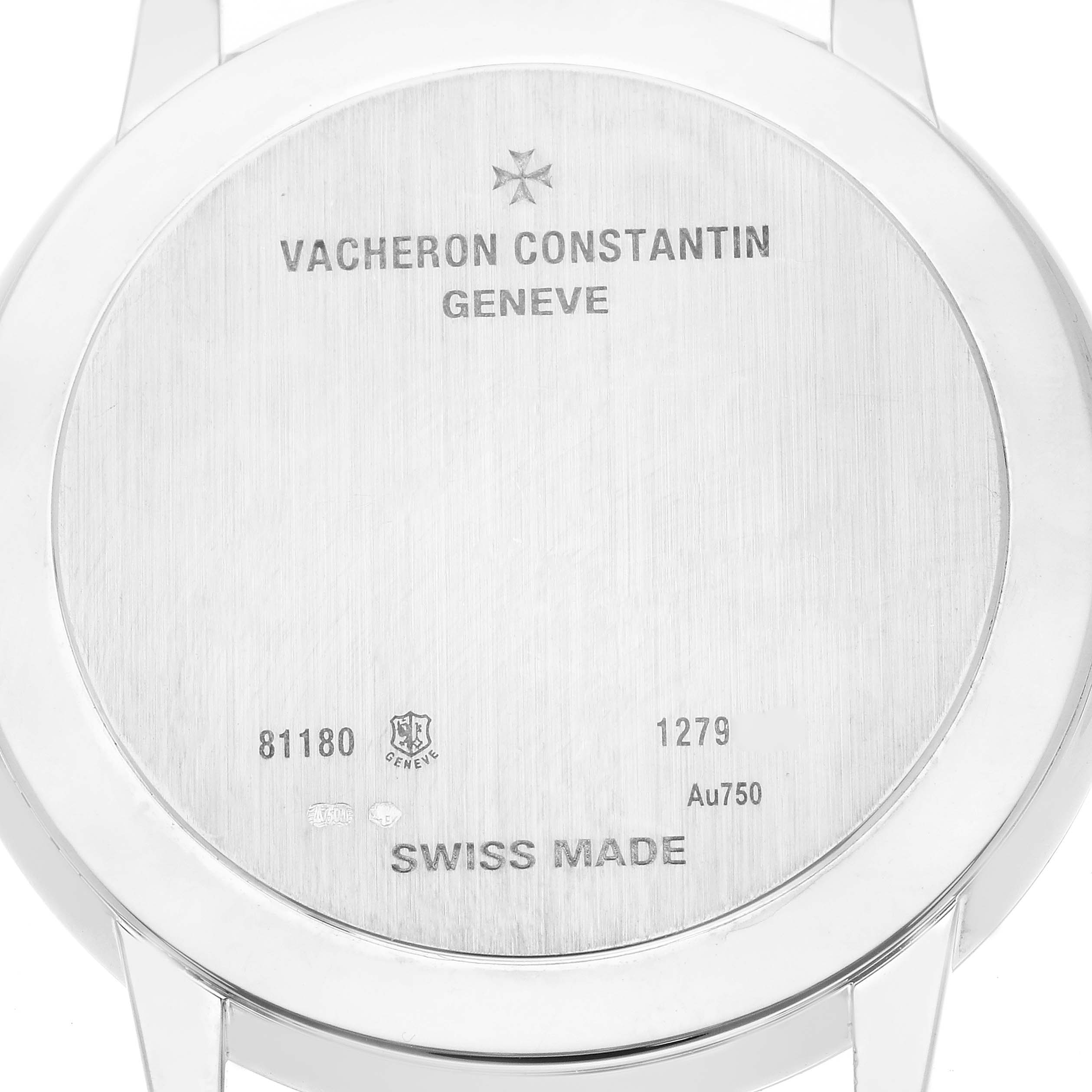 The image shows the back case of the Vacheron Constantin Patrimony 81180/000G Men's White Gold Silver Dial 81180/000G Men's White Gold Silver Dial watch from a straight-on angle.