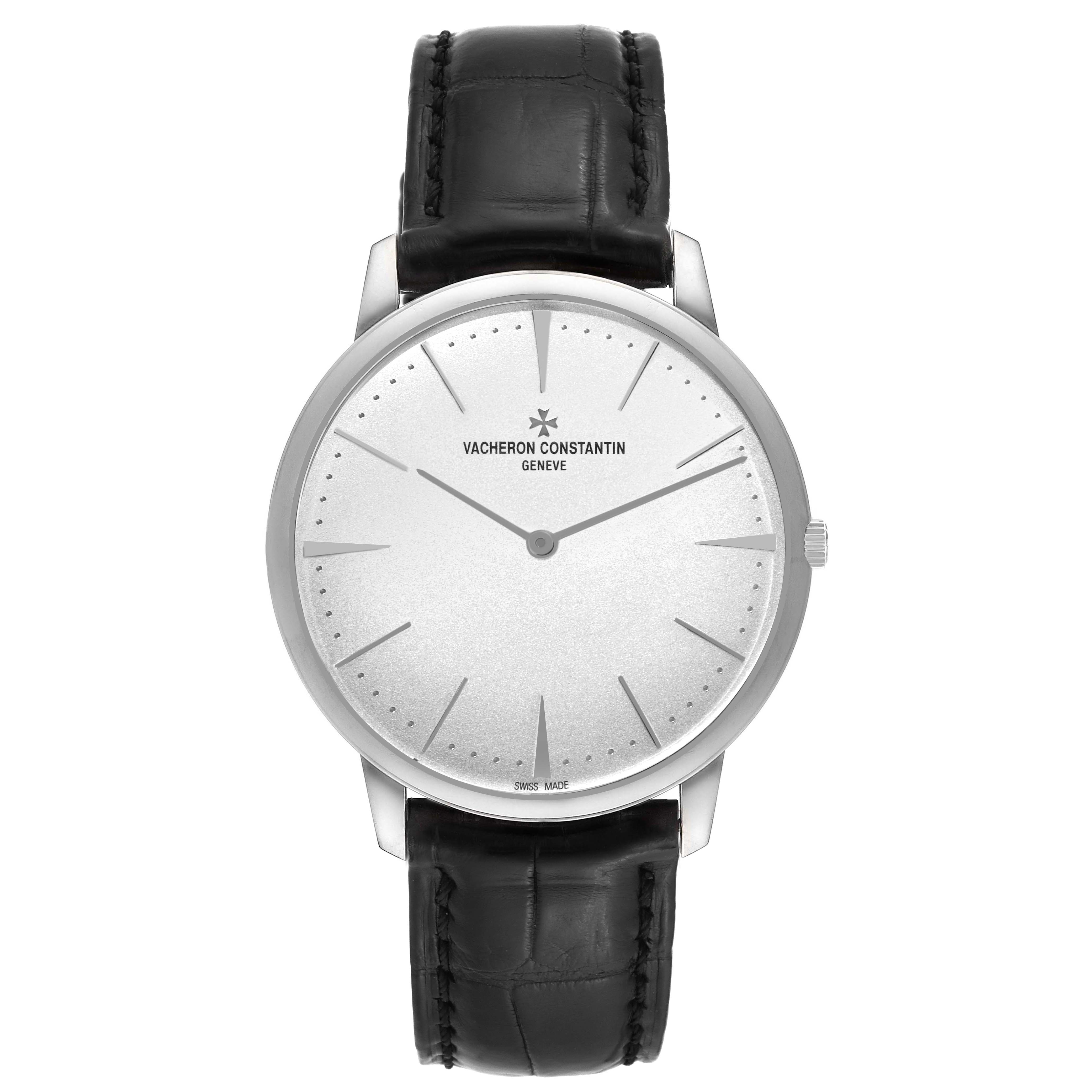The image shows a front view of the Vacheron Constantin Patrimony 81180/000G Men's White Gold Silver Dial 81180/000G Men's White Gold Silver Dial watch, displaying its face and black leather strap.
