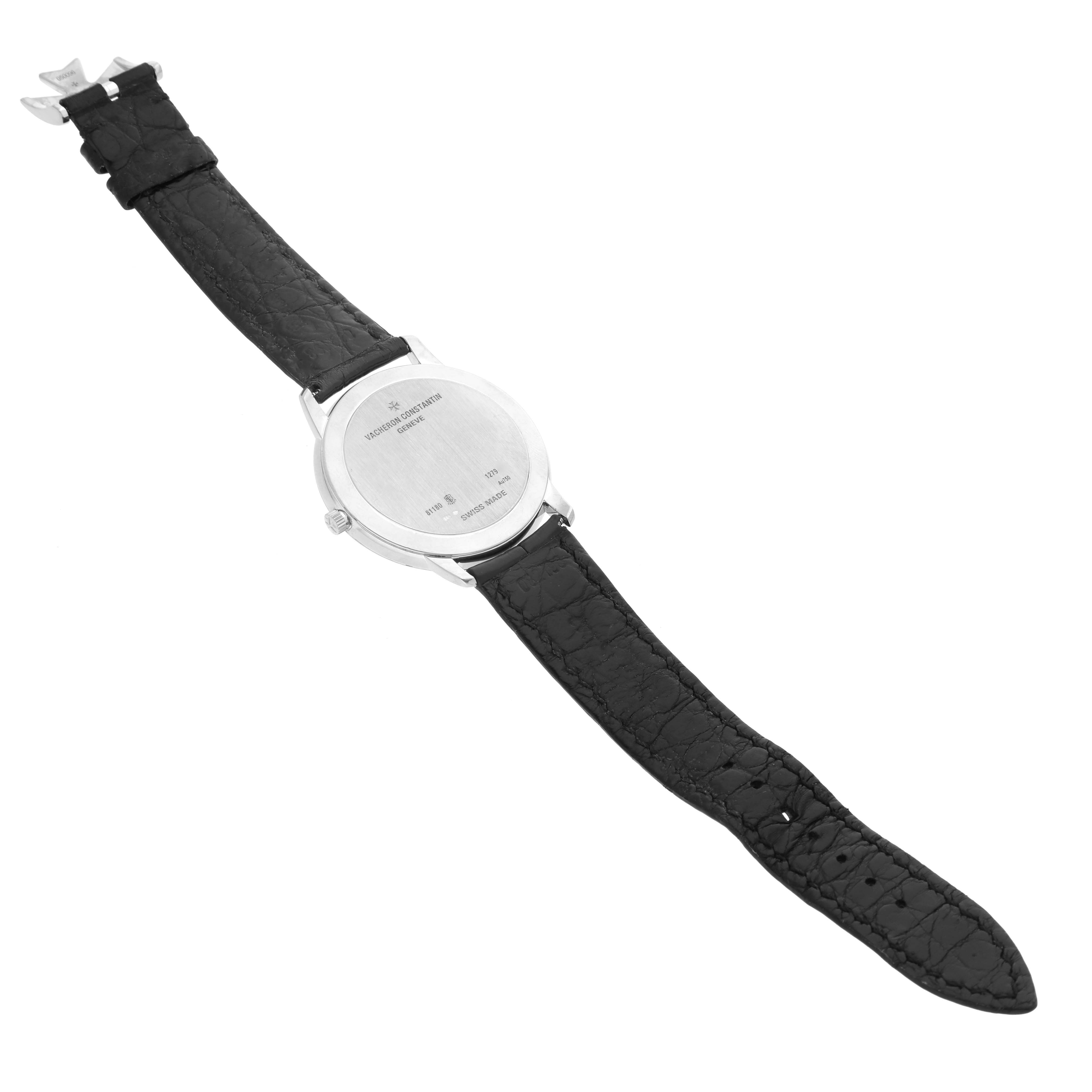 The image shows the back view of a Vacheron Constantin Patrimony 81180/000G Men's White Gold Silver Dial 81180/000G Men's White Gold Silver Dial watch, highlighting the case back and black leather strap.