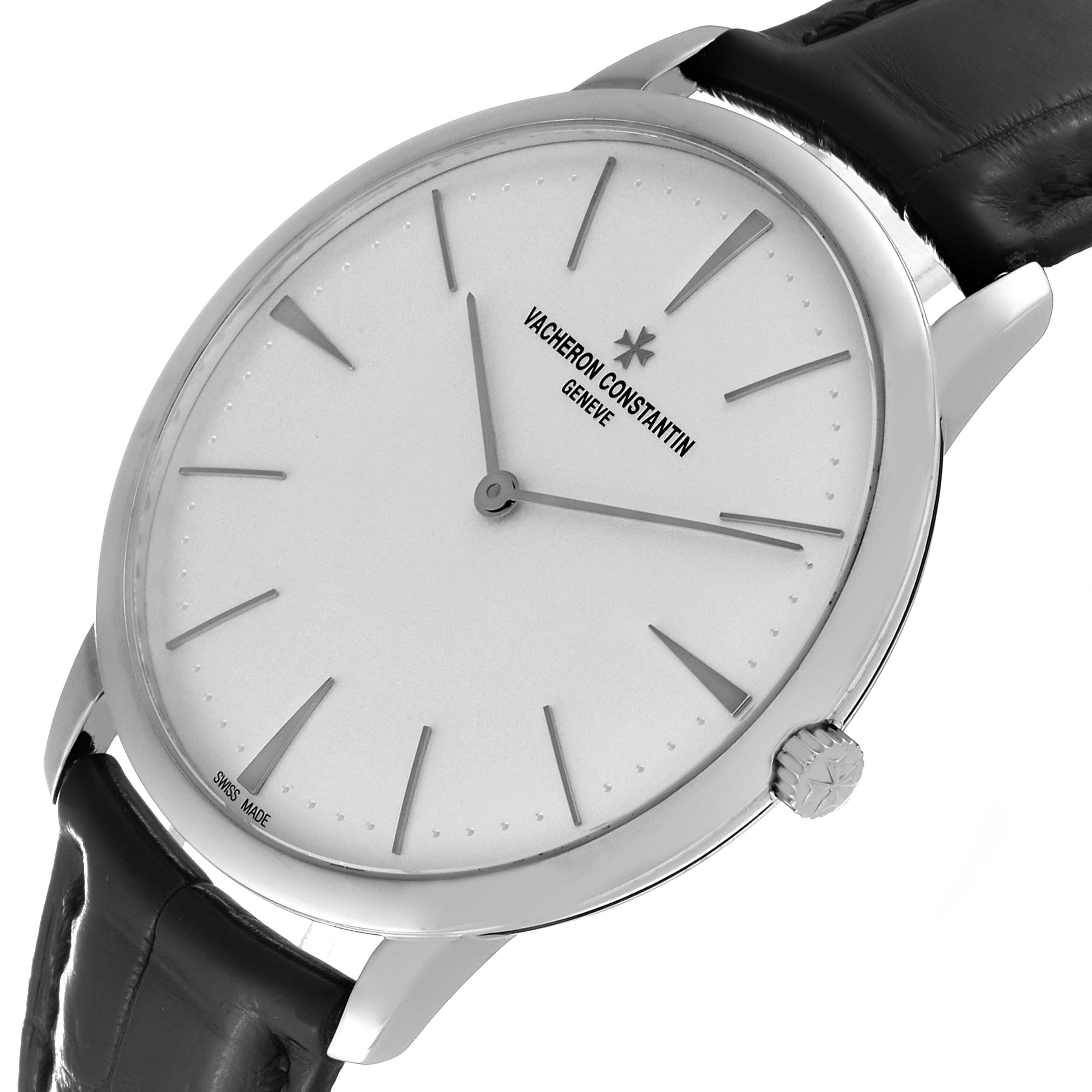 This image shows a Vacheron Constantin Patrimony 81180/000G Men's White Gold Silver Dial 81180/000G Men's White Gold Silver Dial watch from an angled view, highlighting the dial, crown, and leather strap.