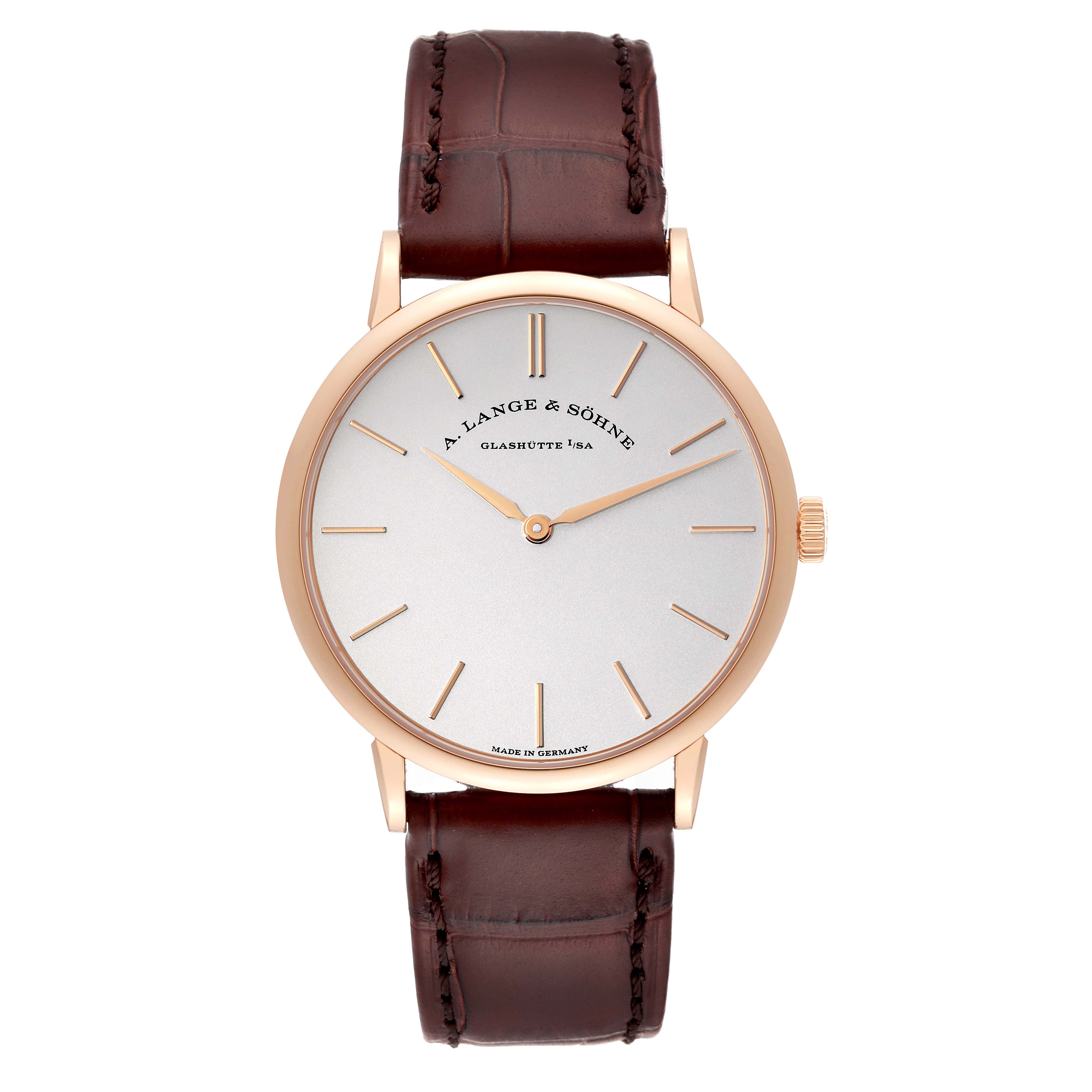 The A. Lange 
Sohne Saxonia 201.033 Men
s Rose Gold Silver Dial watch is shown from the front, displaying its dial, case, crown, and leather strap.