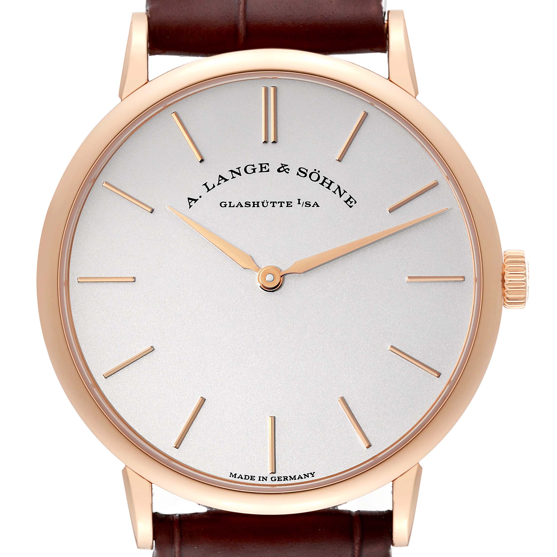 The image shows a front view of the dial and case of the Saxonia model by A. Lange 
Söhne.