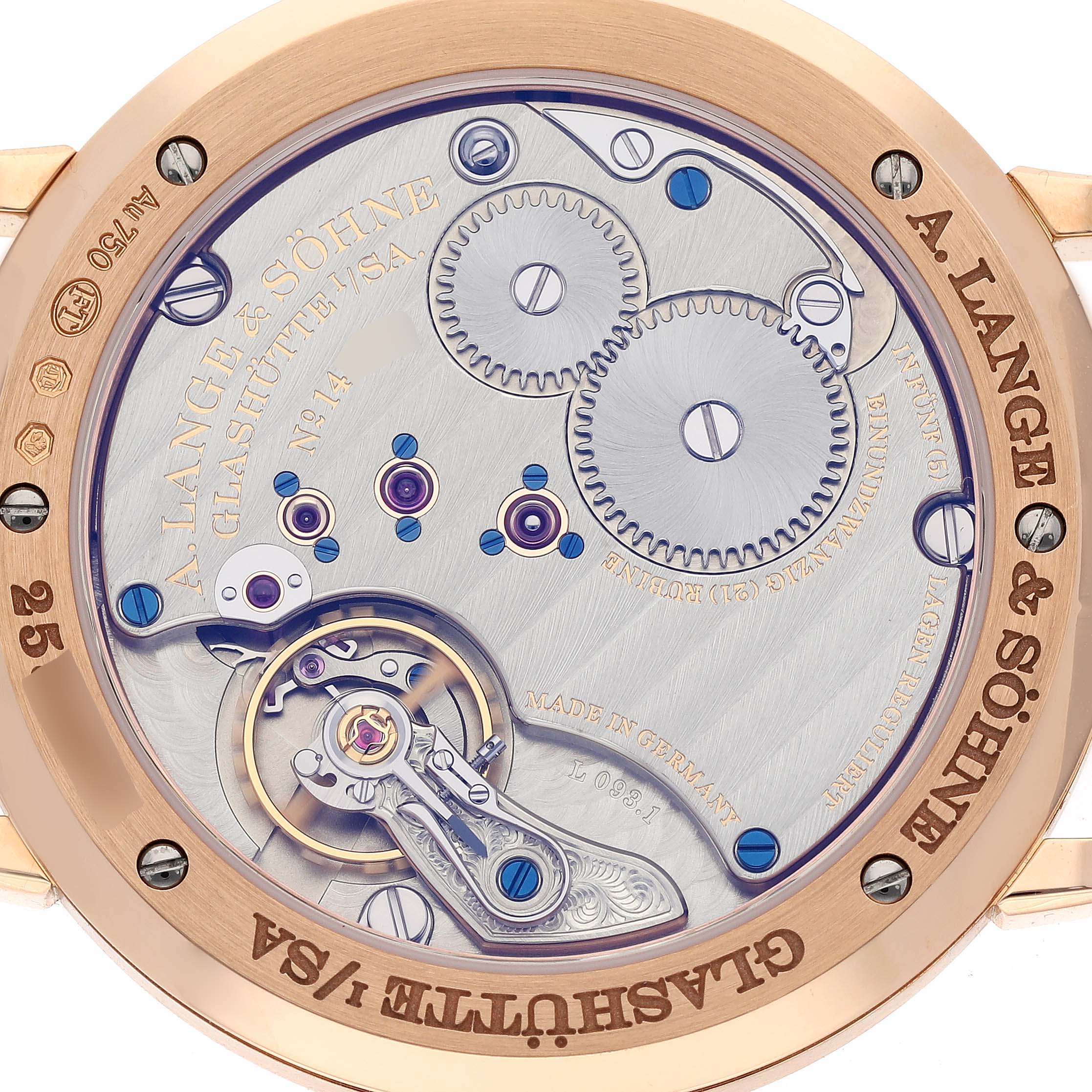 The image shows the back view of the A. Lange 
Sohne Saxonia, highlighting its intricate movement and craftsmanship.