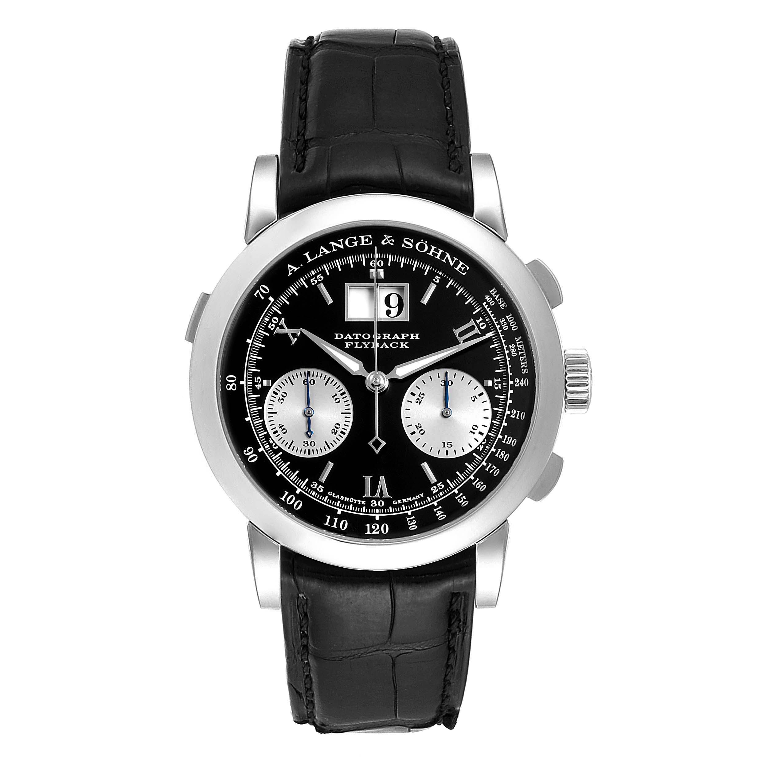 The image shows a front view of the Datograph model by A. Lange & Söhne, featuring its black dial and leather strap.