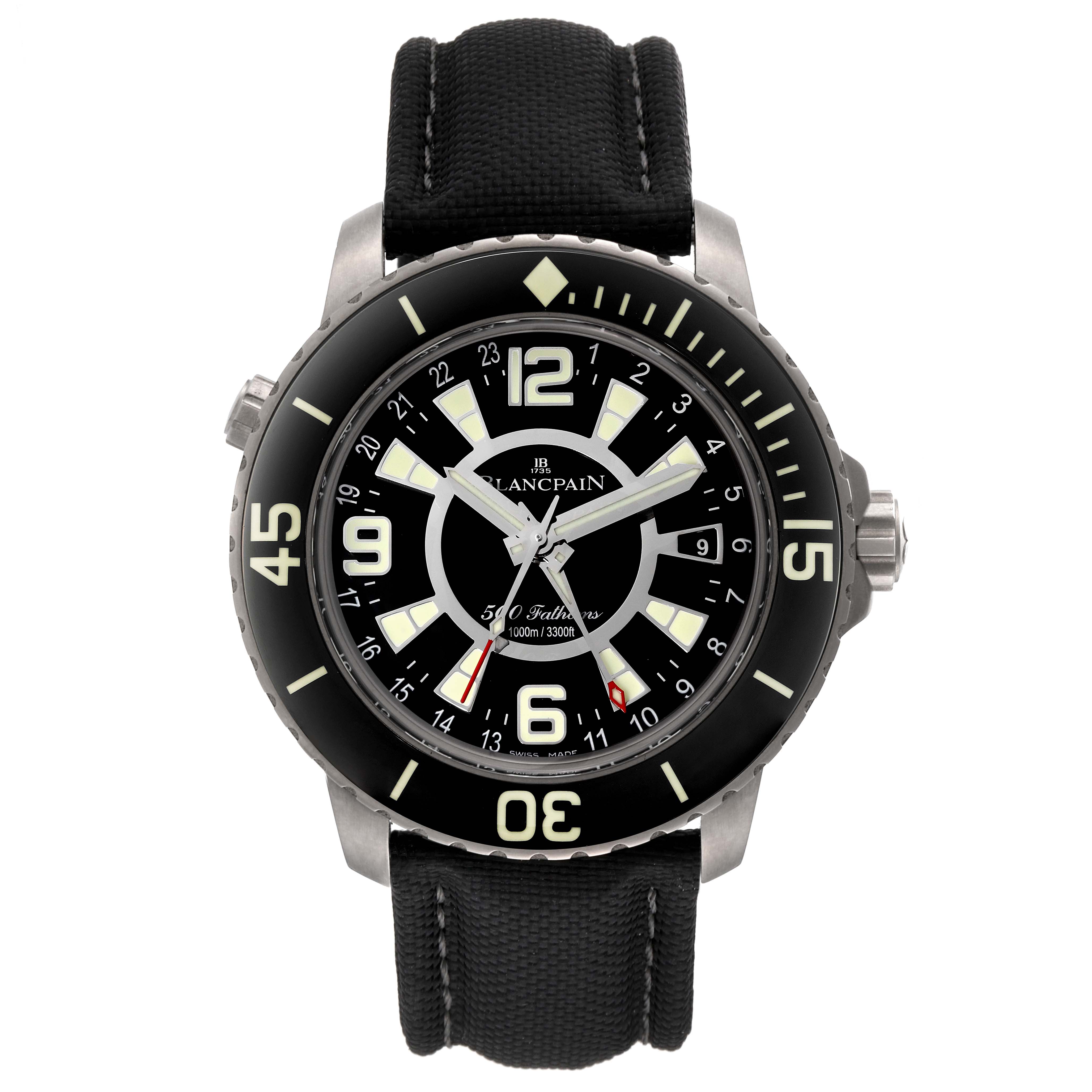 This Blancpain Fifty Fathoms 50021-12B30-52B Men's Titanium Black Dial 50021-12B30-52B Men's Titanium Black Dial watch is shown from a front angle, displaying its face, bezel, and strap.