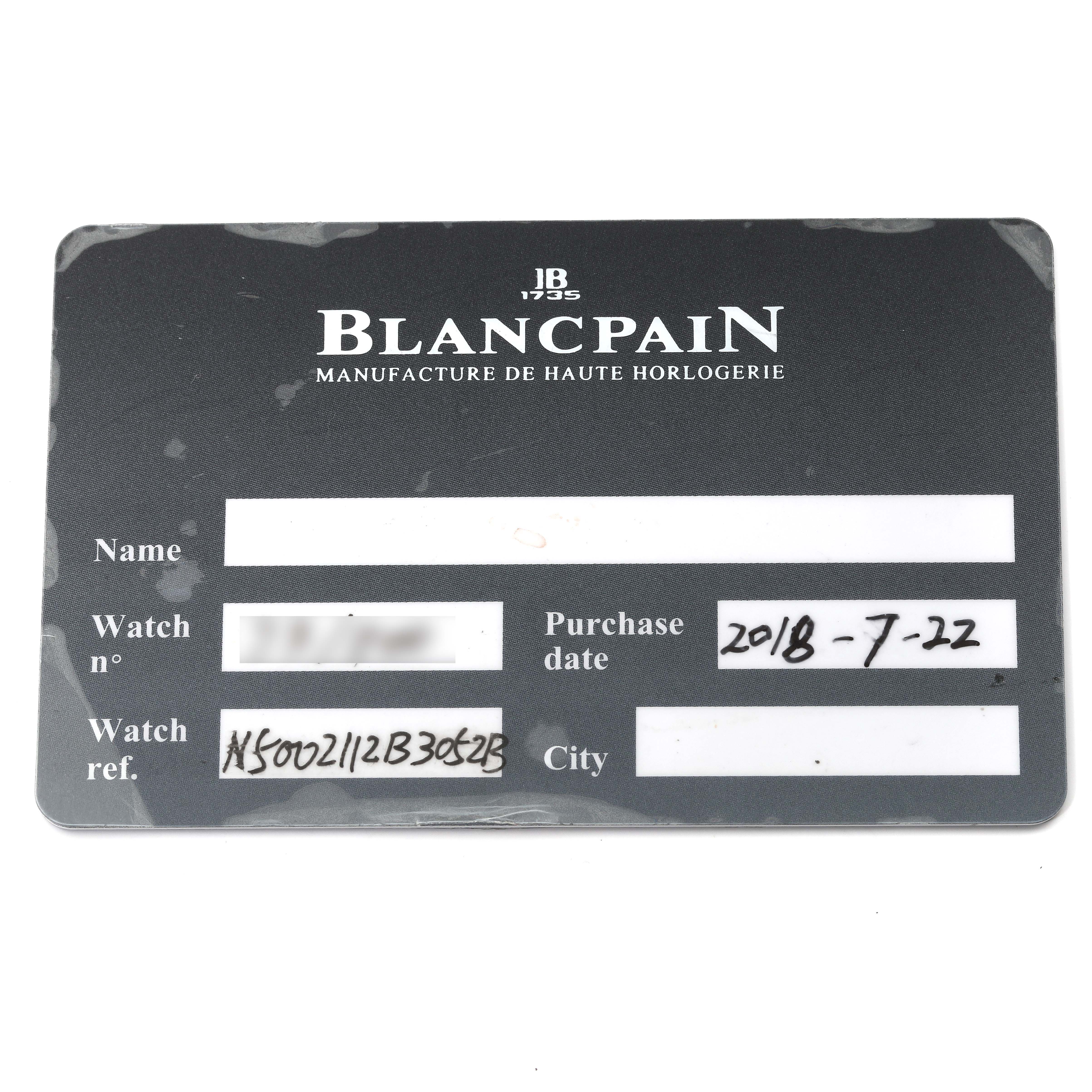 This image shows a warranty card for the Fifty Fathoms model by Blancpain, featuring fields for name, watch number, purchase date, watch reference, and city.
