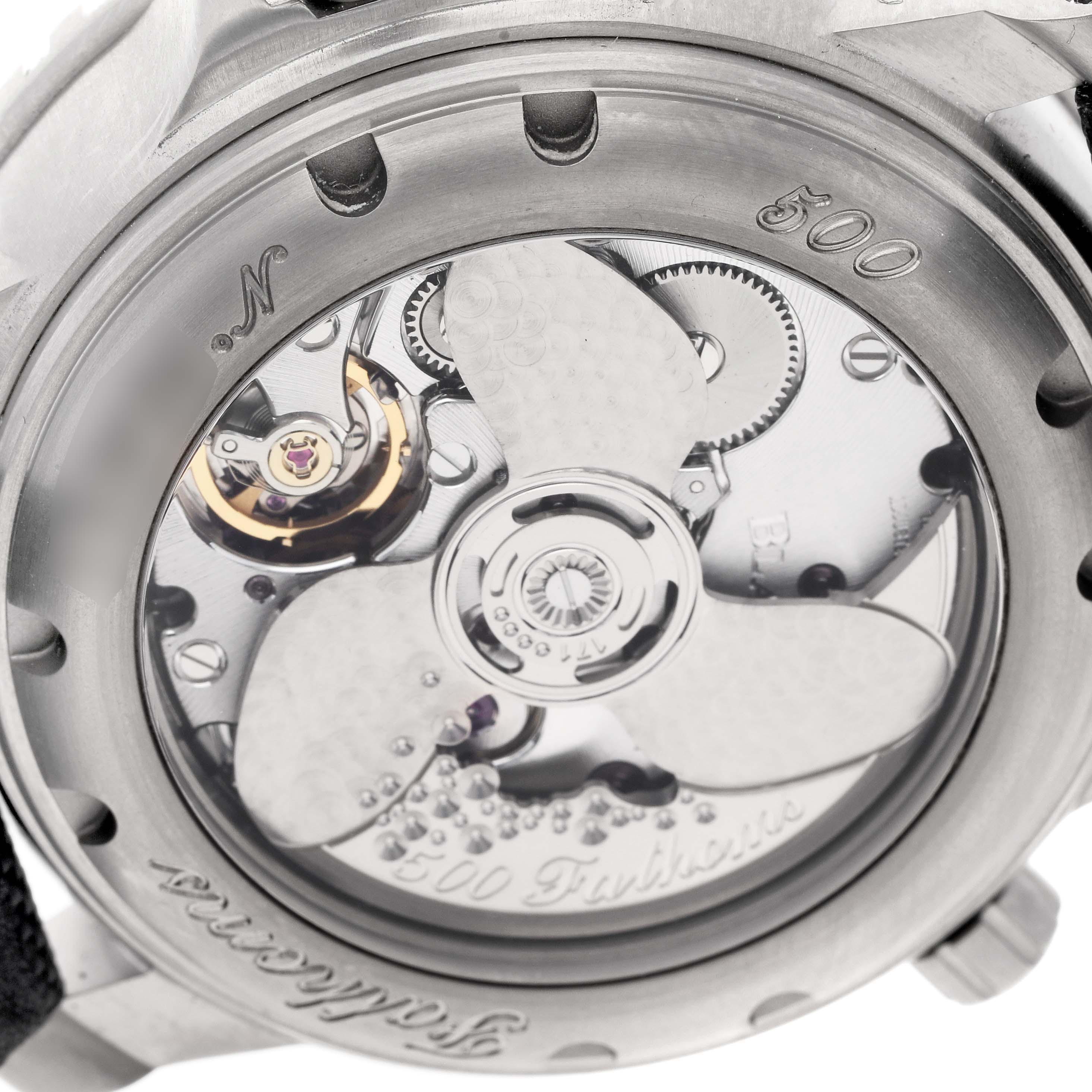This image shows the case back and movement mechanism of the Blancpain Fifty Fathoms 50021-12B30-52B Men's Titanium Black Dial 50021-12B30-52B Men's Titanium Black Dial watch.