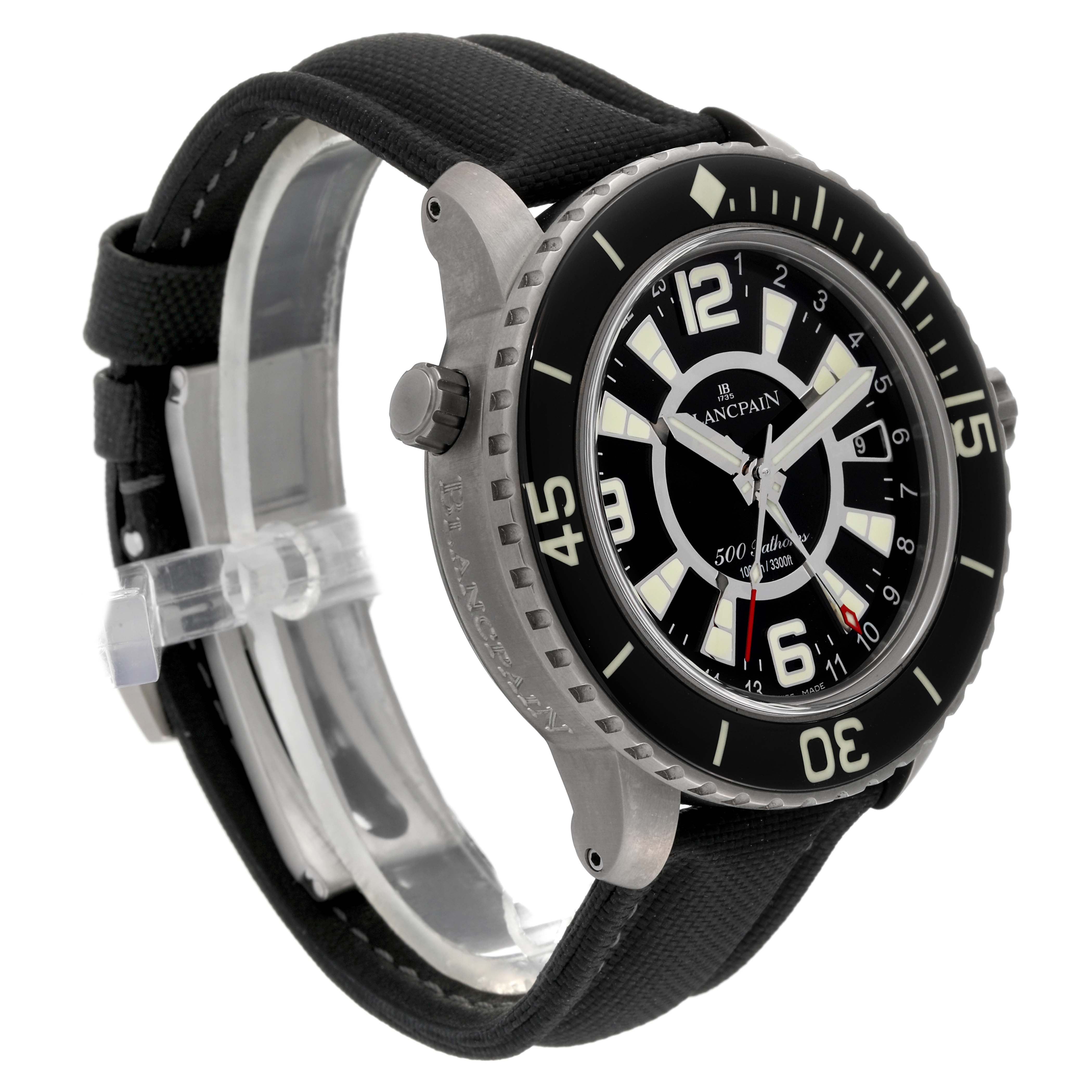 The Blancpain Fifty Fathoms 50021-12B30-52B Men's Titanium Black Dial 50021-12B30-52B Men's Titanium Black Dial watch is shown at an angle displaying the bezel, dial, case, and part of the strap.