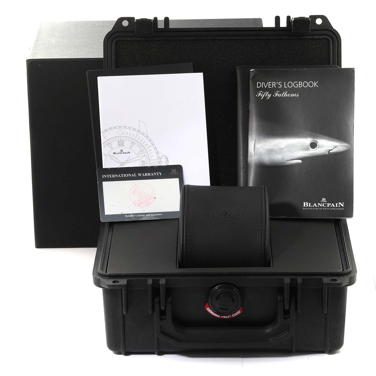 The image shows the packaging, manuals, and warranty card for the Blancpain Fifty Fathoms 50021-12B30-52B Men's Titanium Black Dial 50021-12B30-52B Men's Titanium Black Dial watch.