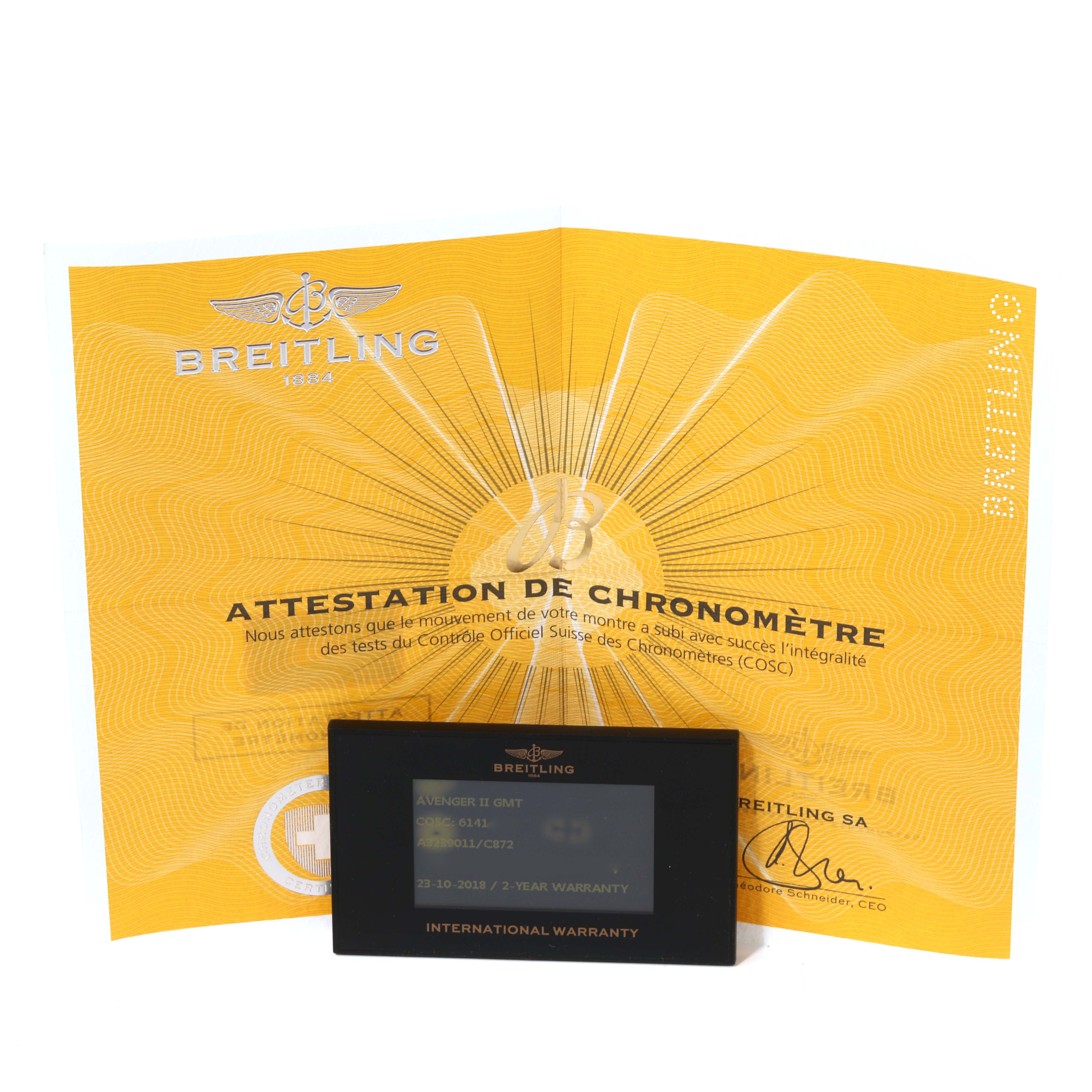 The image shows the warranty card and chronometer certificate for a Breitling Avenger A3239011/C872 Men's Stainless Steel Blue Dial A3239011/C872 Men's Stainless Steel Blue Dial watch.