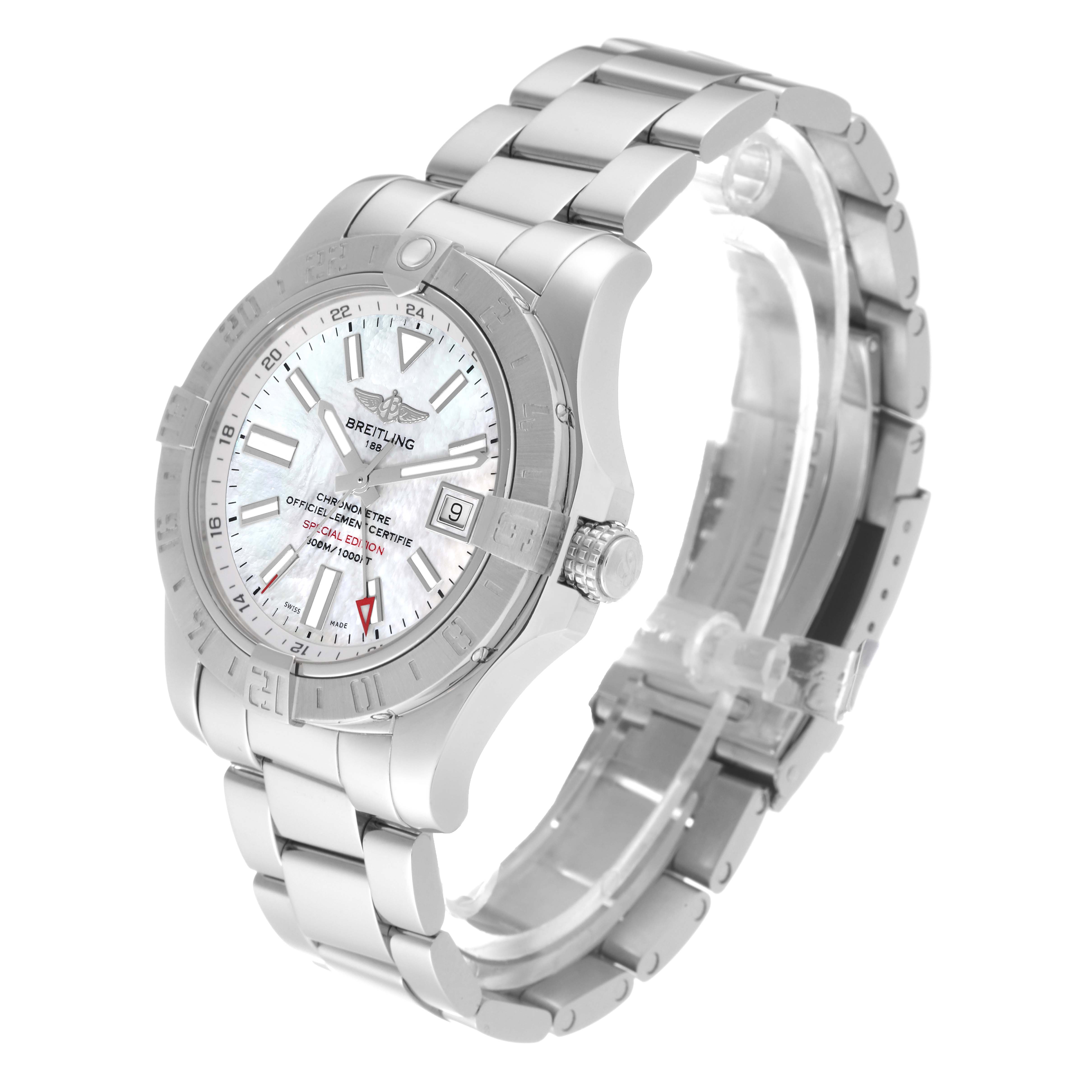 The image shows a side angle view of the Breitling Avenger A32390 Men's Stainless Steel Mother of Pearl Dial A32390 Men's Stainless Steel Mother of Pearl Dial watch, highlighting the watch face, bezel, crown, and metal bracelet.