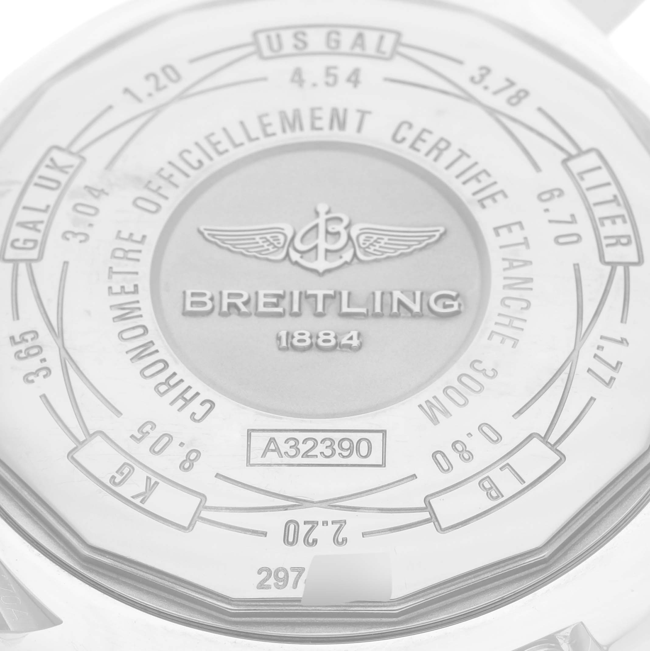 The image shows the back case of a Breitling Avenger A32390 Men's Stainless Steel Mother of Pearl Dial A32390 Men's Stainless Steel Mother of Pearl Dial watch, featuring branding, model details, and various measurements.