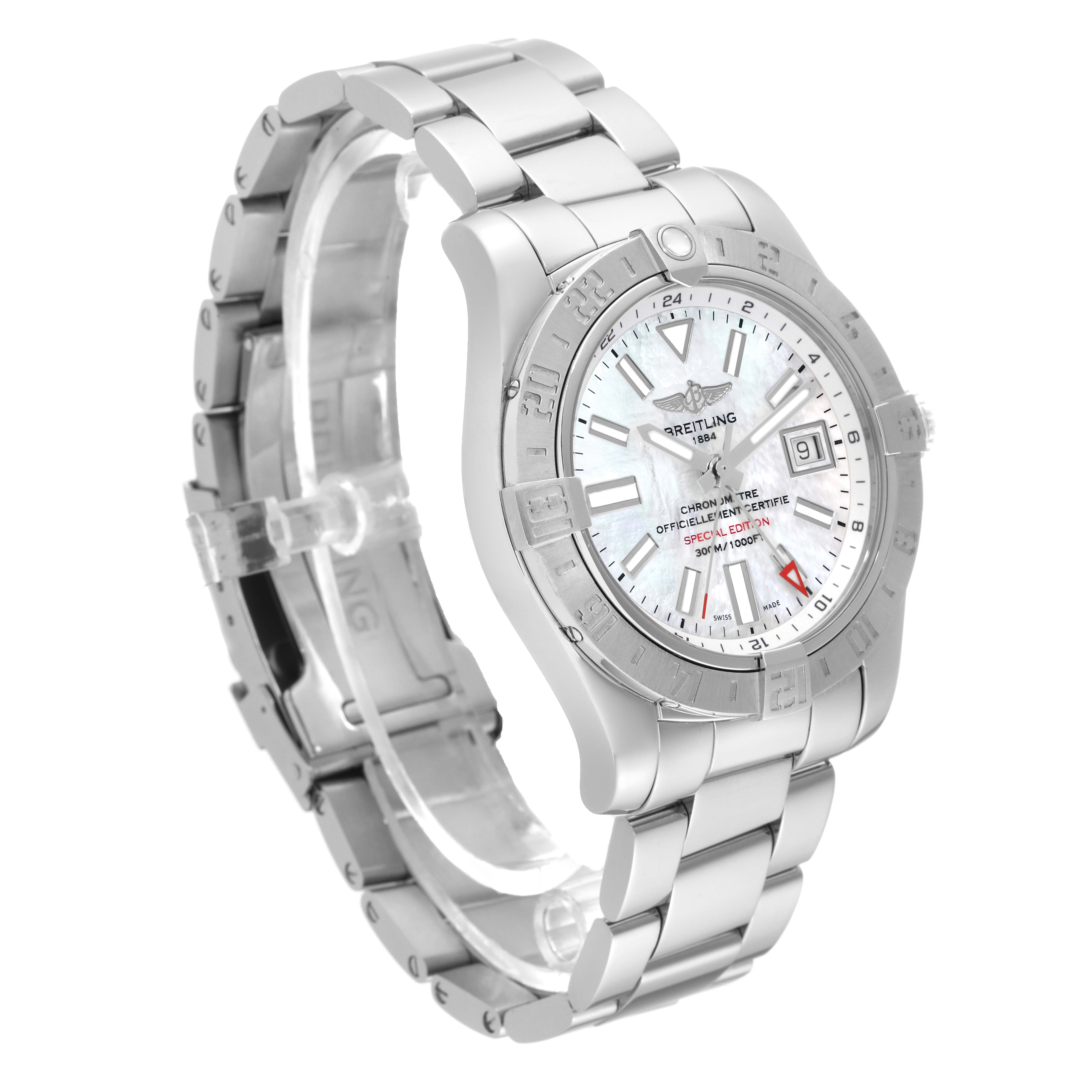 The Breitling Avenger A32390 Men's Stainless Steel Mother of Pearl Dial A32390 Men's Stainless Steel Mother of Pearl Dial watch is shown at an oblique angle, displaying its stainless steel case, bracelet, and face with date window.