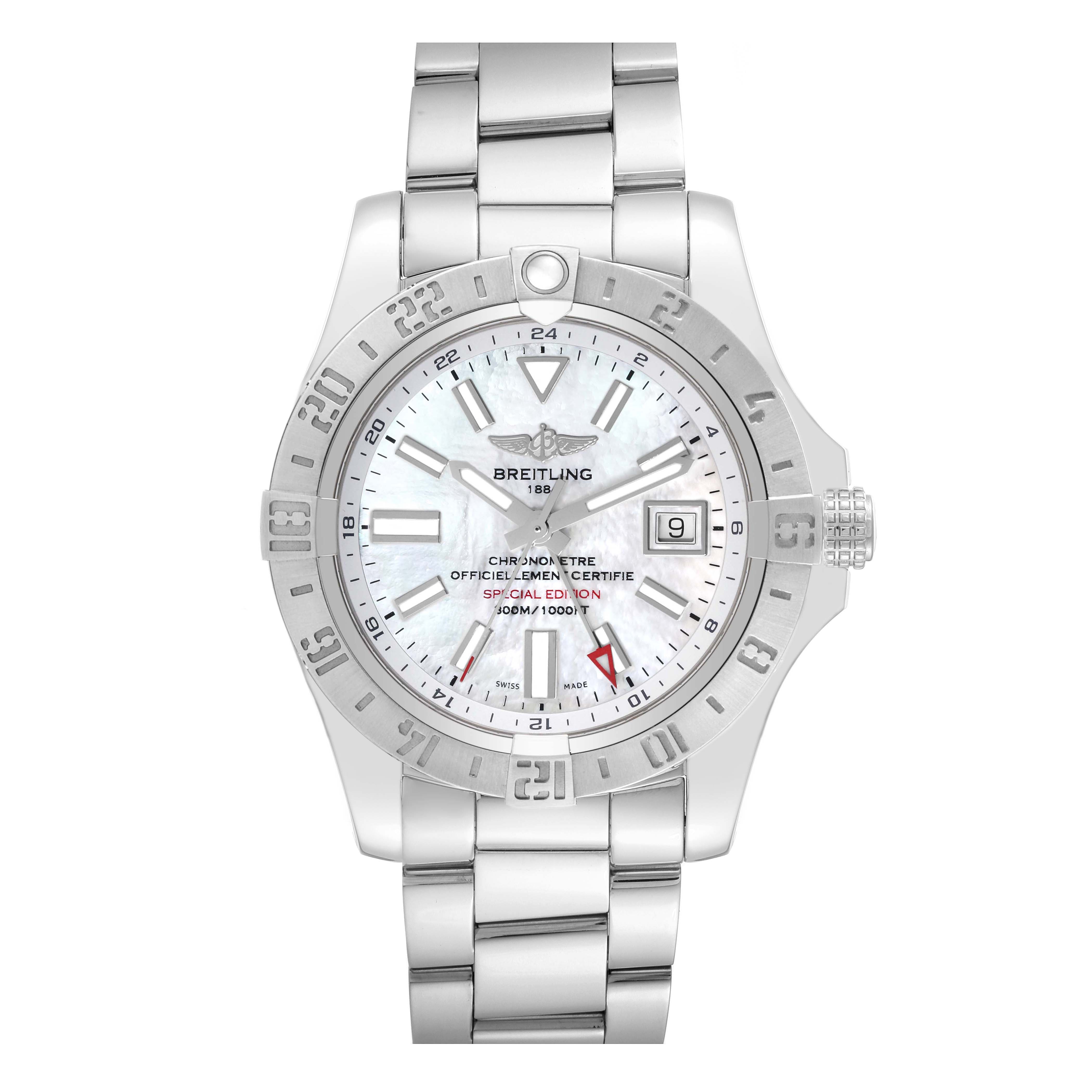 The image shows a front view of a Breitling Avenger A32390 Men's Stainless Steel Mother of Pearl Dial A32390 Men's Stainless Steel Mother of Pearl Dial watch, including its dial, bezel, and metal bracelet.