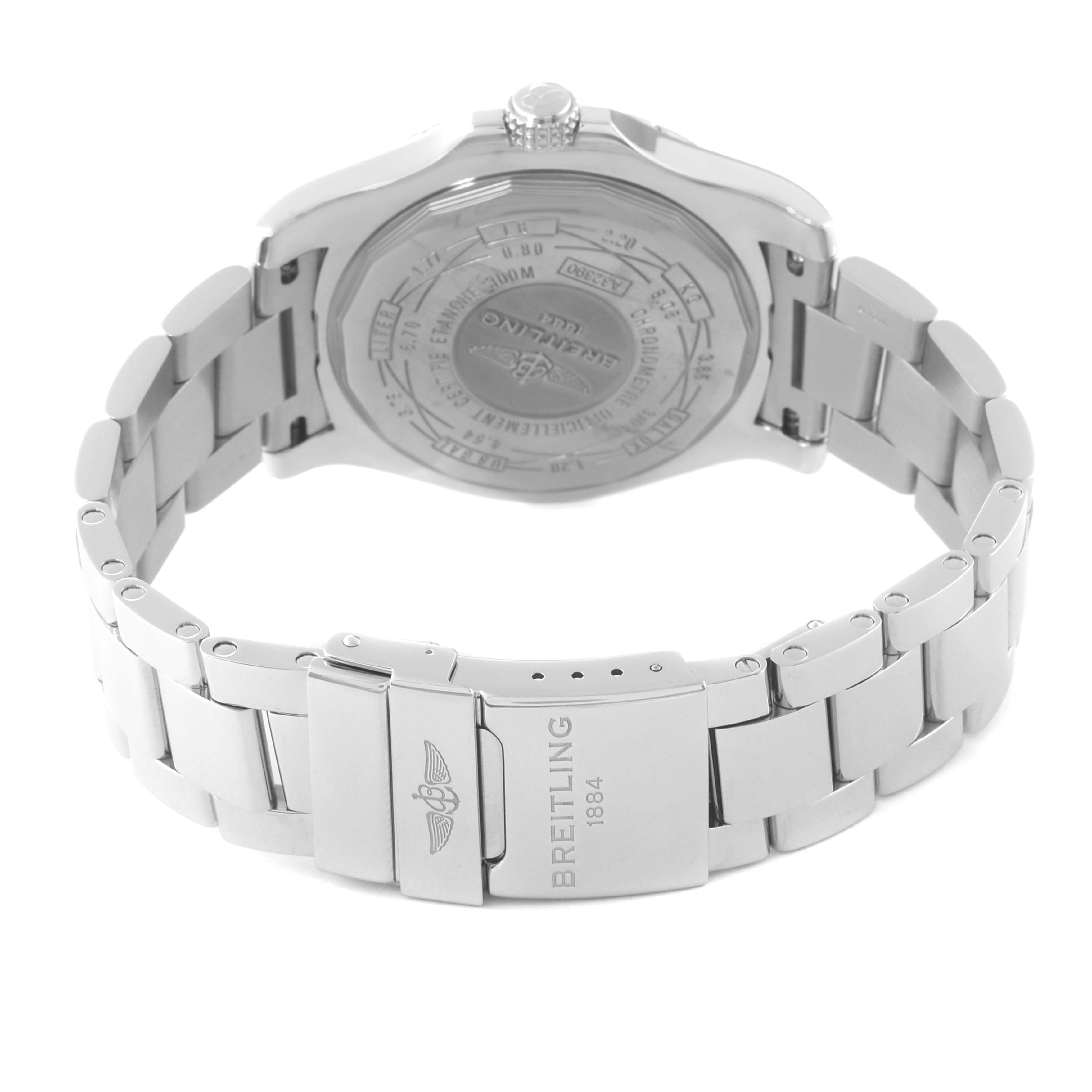 The image shows the rear view of the Breitling Avenger A32390 Men's Stainless Steel Mother of Pearl Dial A32390 Men's Stainless Steel Mother of Pearl Dial watch, highlighting the case back and stainless steel bracelet.