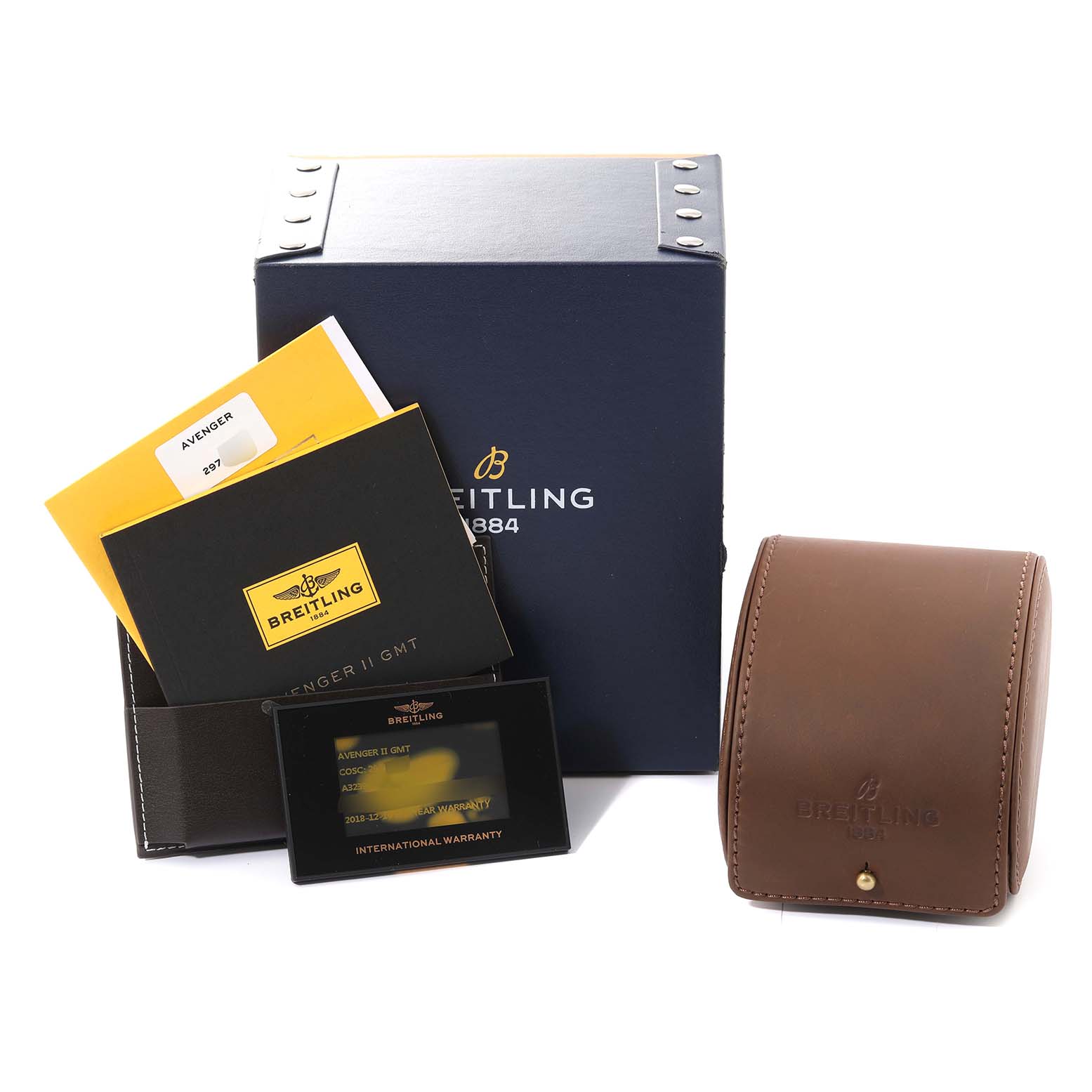 The image shows the packaging, manual, warranty card, and travel case for the Breitling Avenger A32390 Men's Stainless Steel Mother of Pearl Dial A32390 Men's Stainless Steel Mother of Pearl Dial watch.