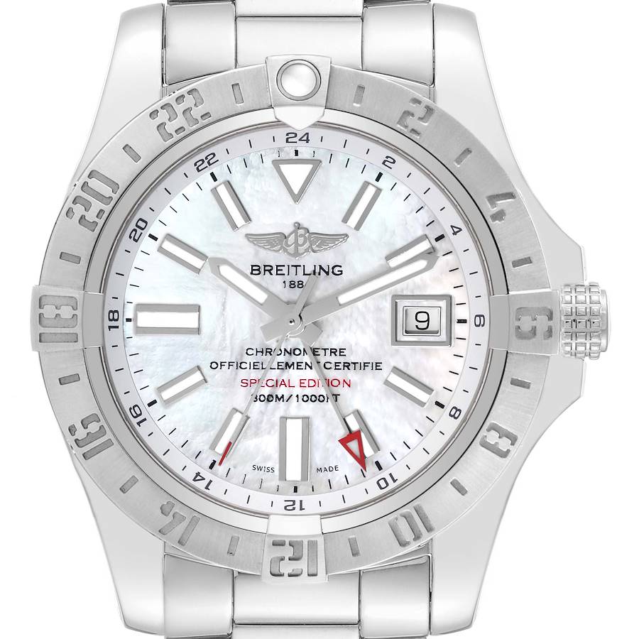 Breitling Aeromarine Avenger II GMT Mother of Pearl Dial Steel Mens Watch A32390 Box Card SwissWatchExpo