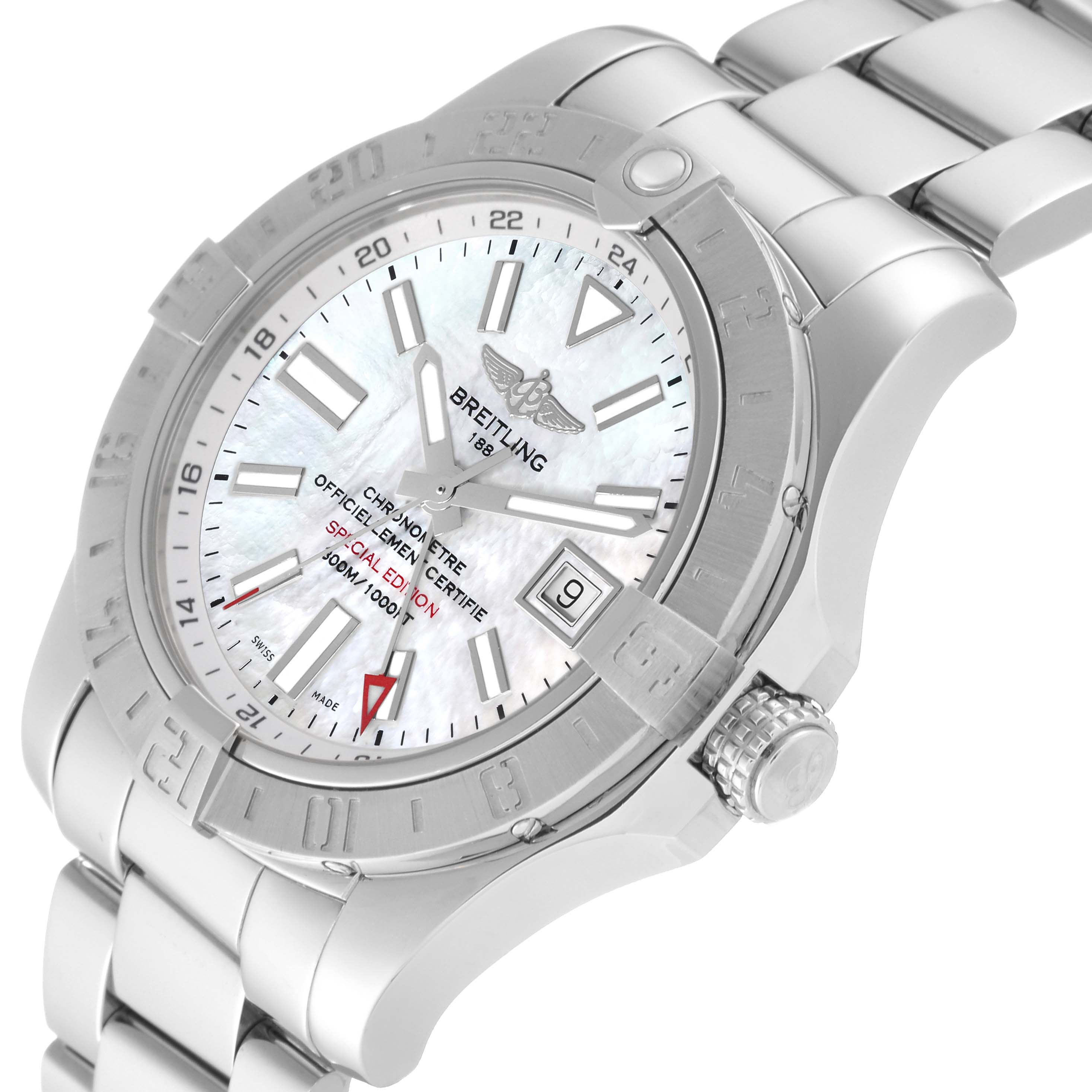 The Breitling Avenger A32390 Men's Stainless Steel Mother of Pearl Dial A32390 Men's Stainless Steel Mother of Pearl Dial watch is shown from a three-quarter angle, displaying the dial, bezel, crown, and part of the bracelet.