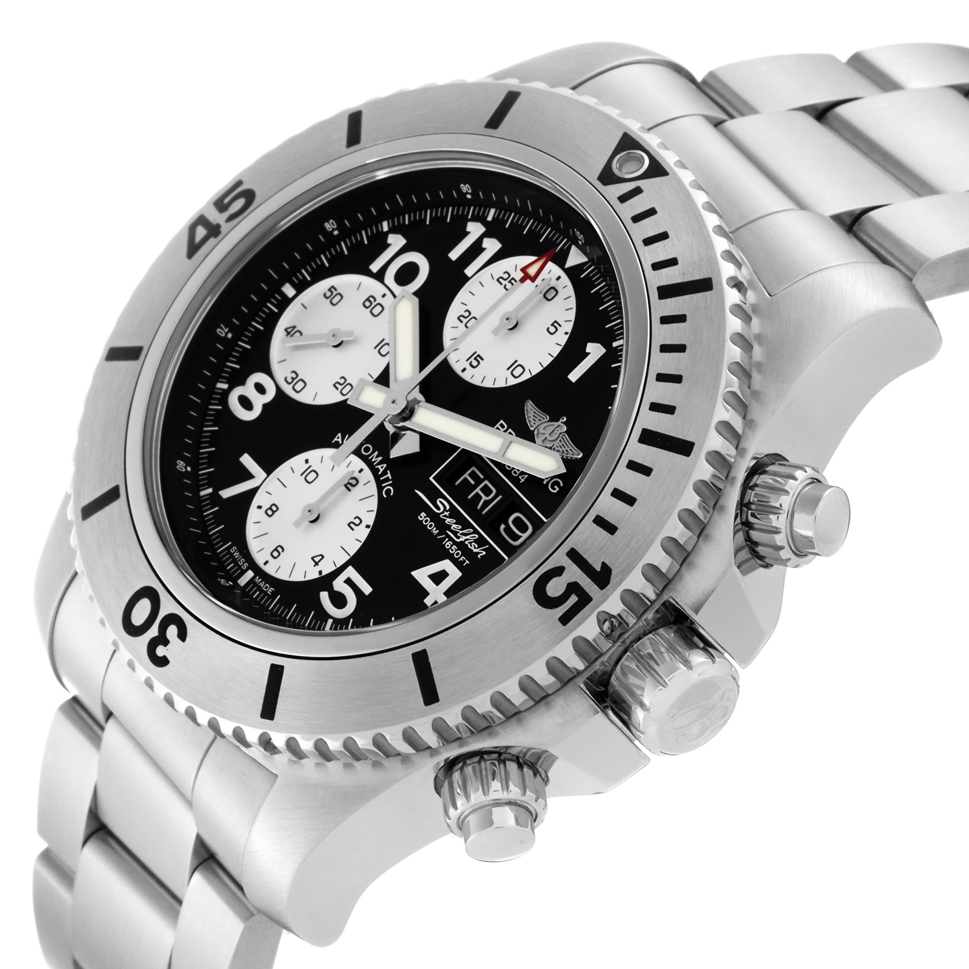 This image shows a Breitling Superocean A13341 Men's Stainless Steel Black Dial A13341 Men's Stainless Steel Black Dial watch at a slight angle, highlighting its bezel, dial, chronograph subdials, and crown.