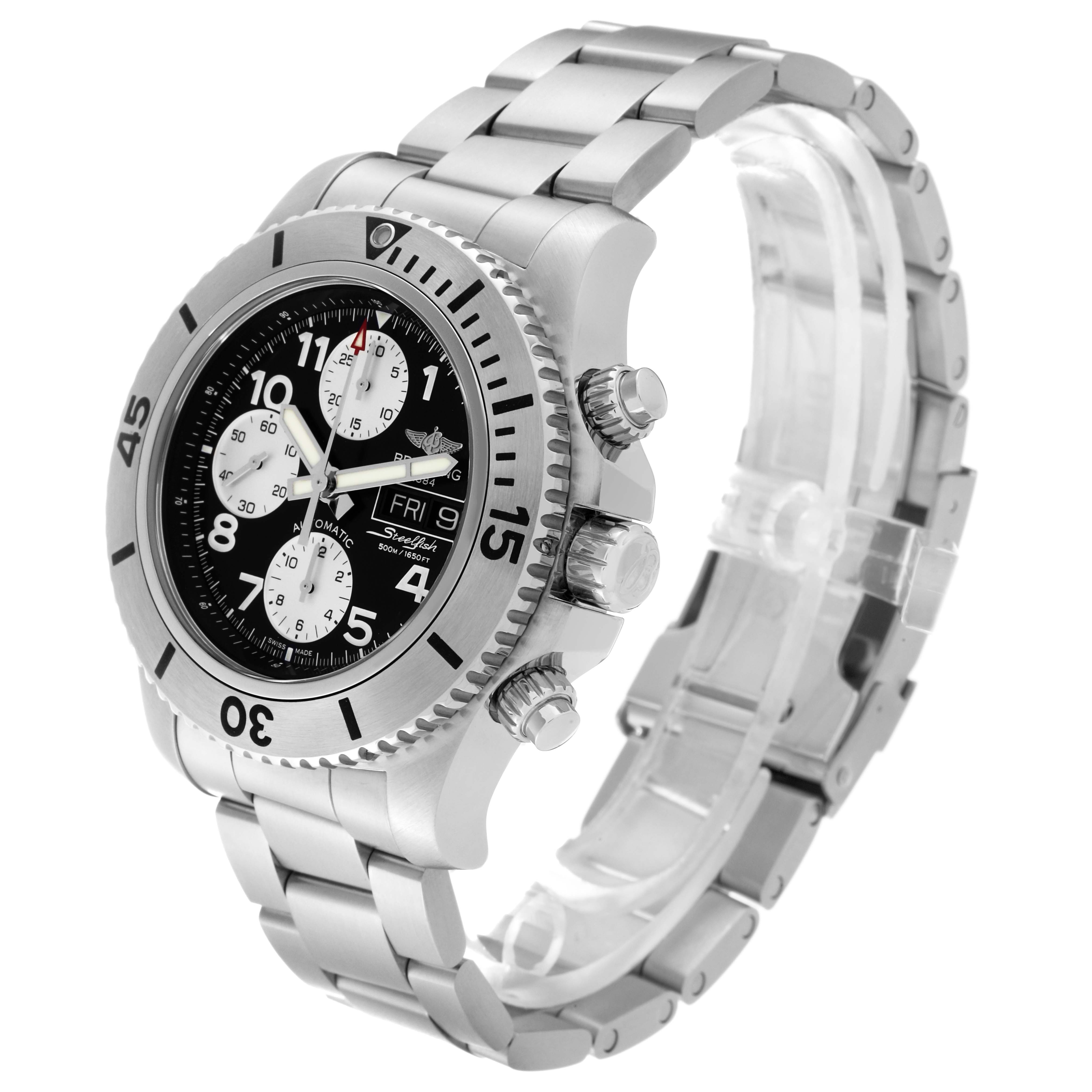 This image shows a Breitling Superocean A13341 Men's Stainless Steel Black Dial A13341 Men's Stainless Steel Black Dial watch at a three-quarter angle, highlighting the face, bezel, crown, and stainless steel bracelet.