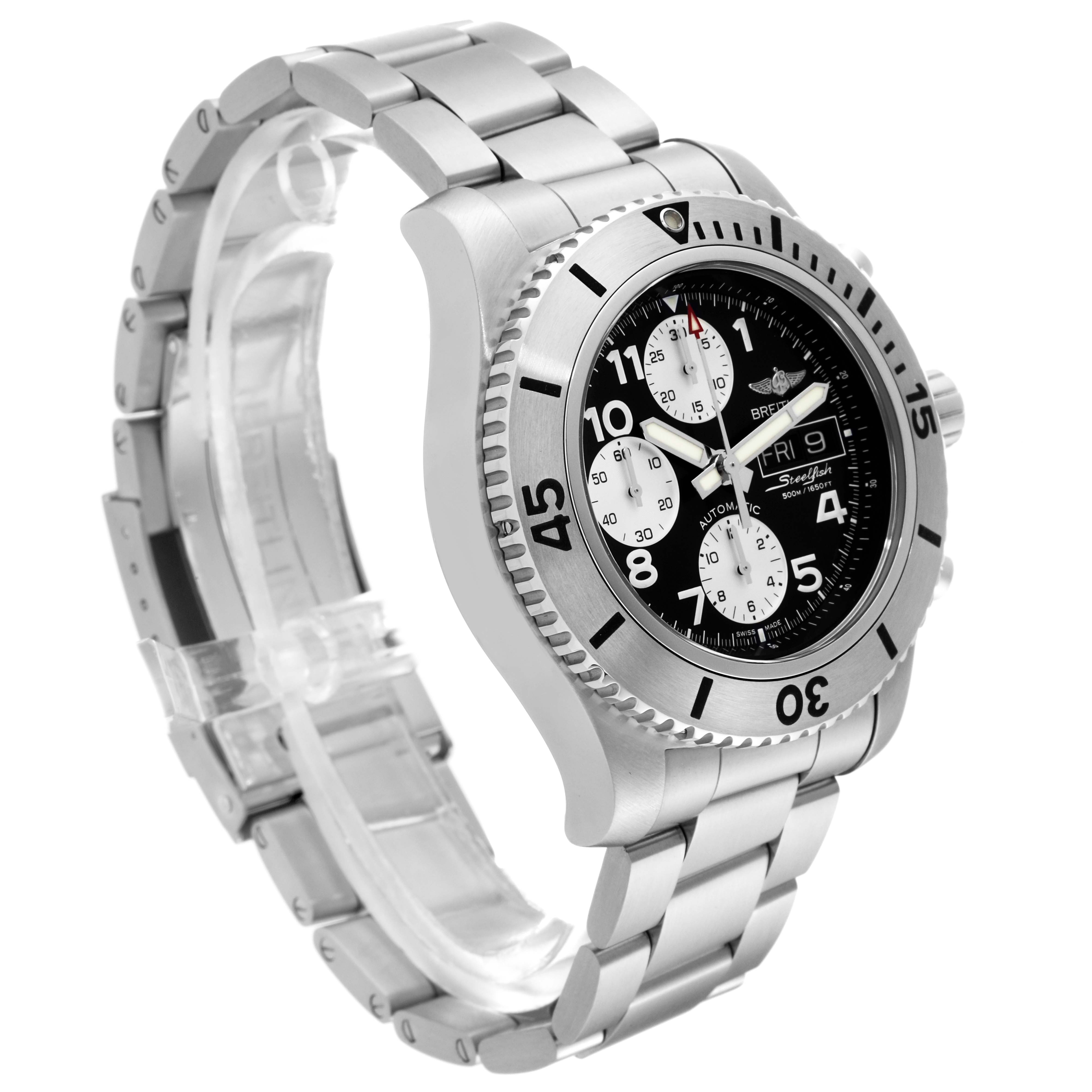 The image shows the Breitling Superocean A13341 Men's Stainless Steel Black Dial A13341 Men's Stainless Steel Black Dial watch at a three-quarter angle, highlighting the bezel, dial, and stainless steel bracelet.