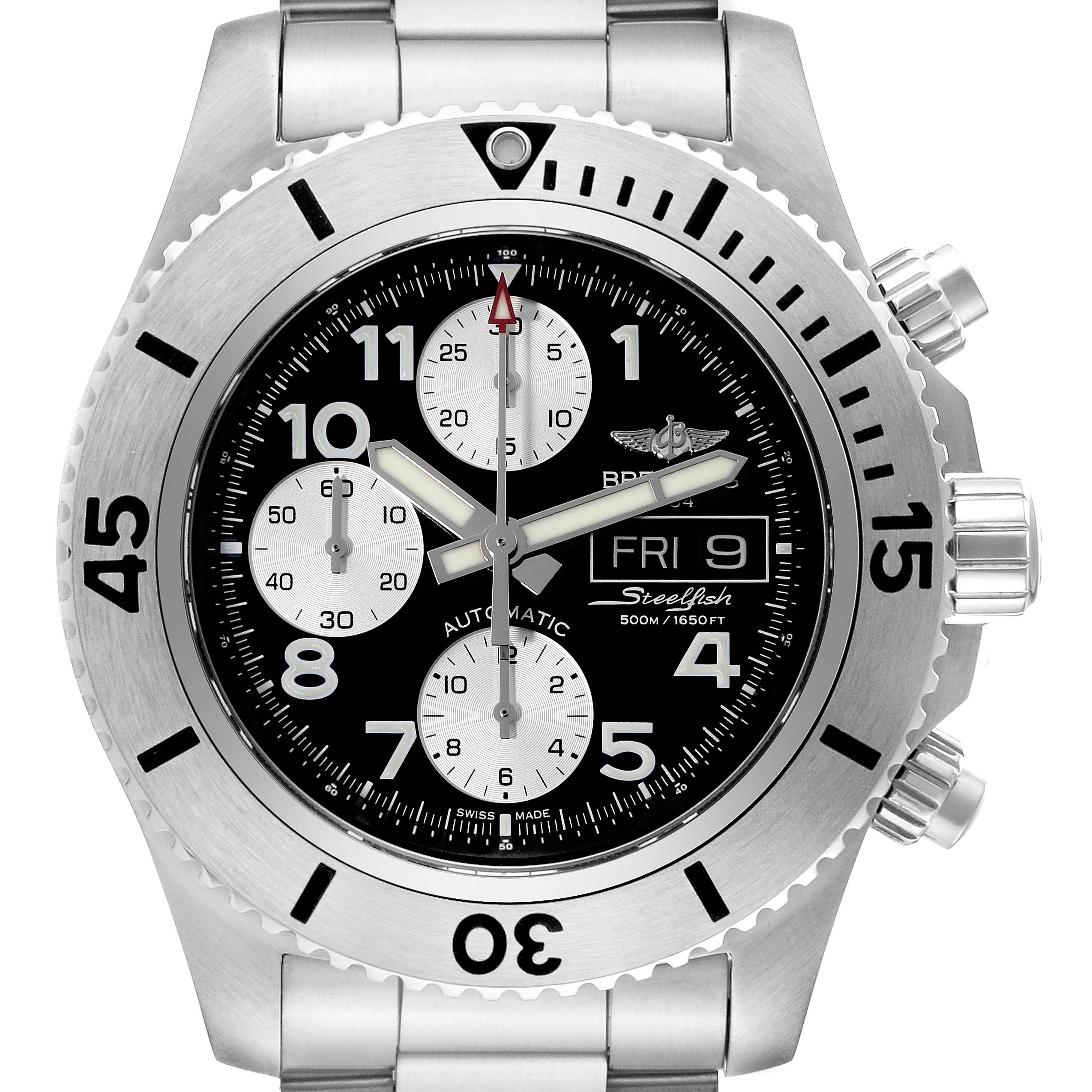 The image shows a Breitling Superocean A13341 Men's Stainless Steel Black Dial A13341 Men's Stainless Steel Black Dial watch face-on, highlighting its dial, bezel, and chronograph sub-dials.
