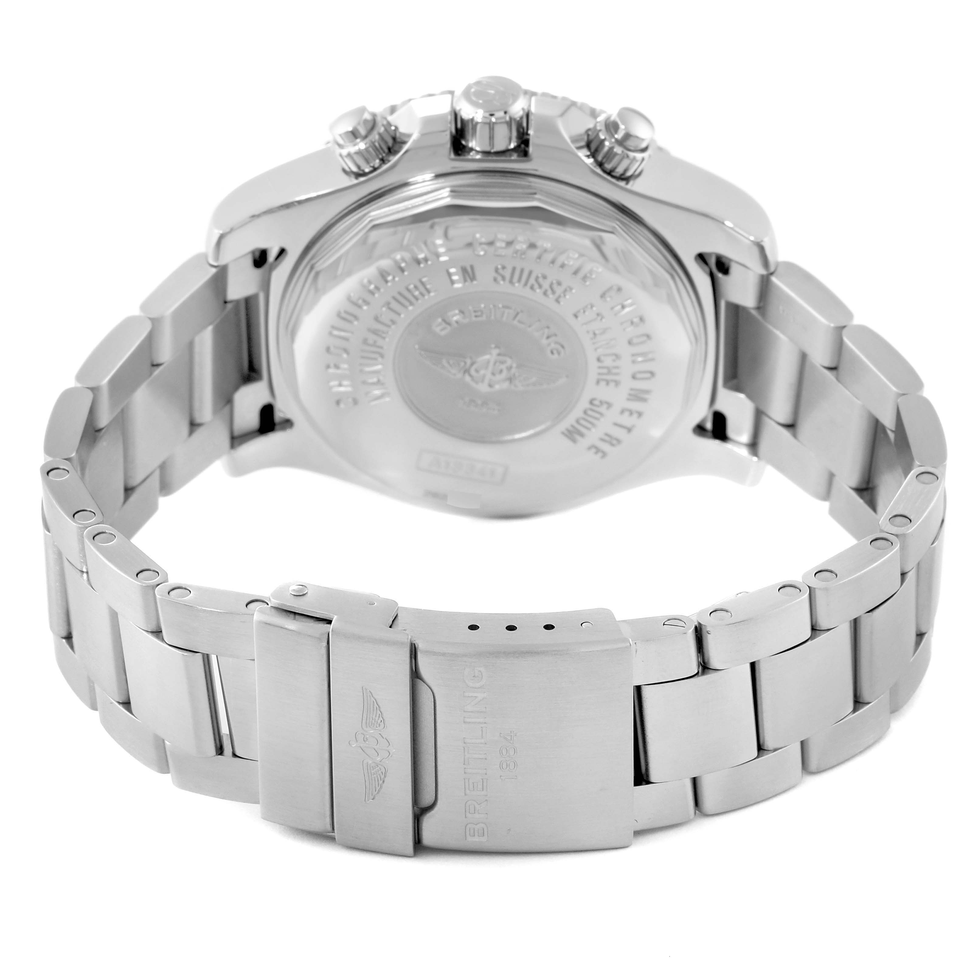 The image shows the back and clasp of the Breitling Superocean A13341 Men's Stainless Steel Black Dial A13341 Men's Stainless Steel Black Dial watch, highlighting the bracelet and engraved case back.