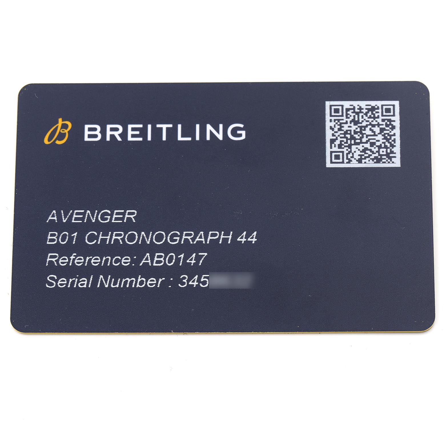 The image shows a warranty card for the Breitling Avenger AB0147 Men's Stainless Steel Blue Dial AB0147 Men's Stainless Steel Blue Dial B01 Chronograph 44 watch, displaying model, reference, and serial numbers.