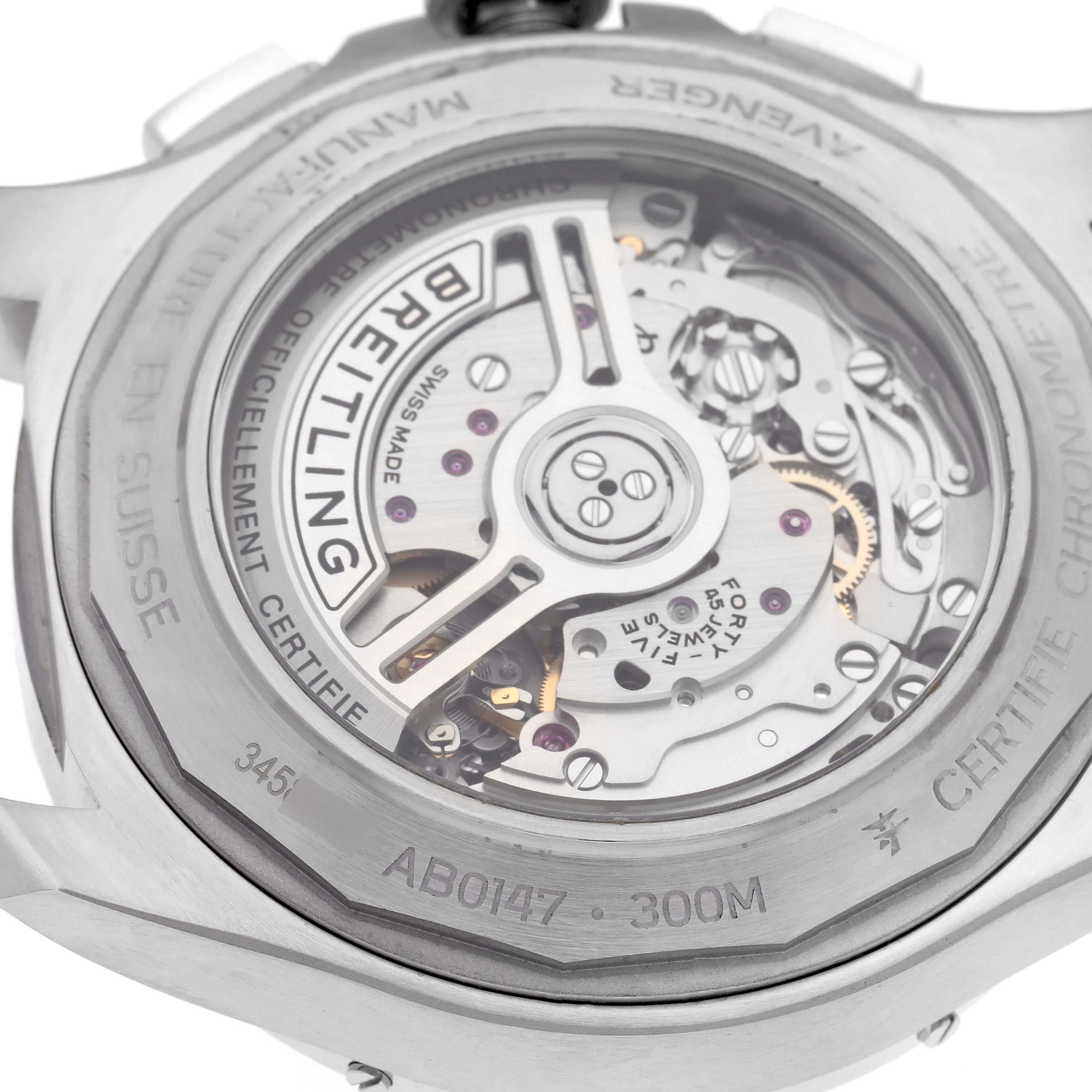 The image shows the back view of a Breitling Avenger AB0147 Men's Stainless Steel Blue Dial AB0147 Men's Stainless Steel Blue Dial watch, highlighting its mechanical movement and transparent case back.