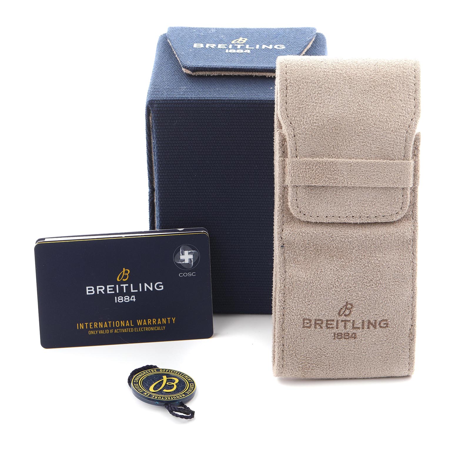 The image shows watch accessories for a Breitling Avenger AB0147 Men's Stainless Steel Blue Dial AB0147 Men's Stainless Steel Blue Dial, including a warranty card, a tag, a box, and a suede pouch.