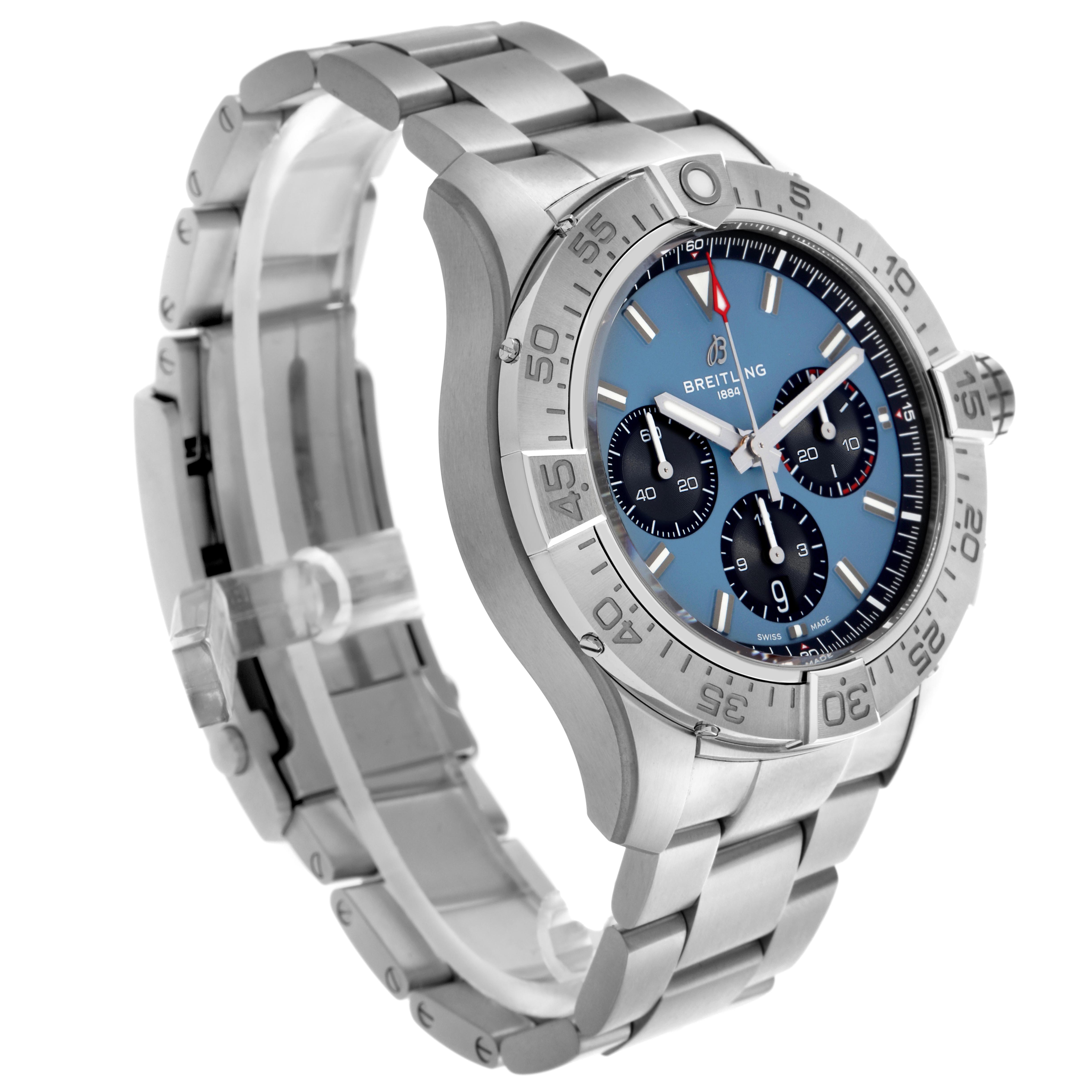 The Breitling Avenger AB0147 Men's Stainless Steel Blue Dial AB0147 Men's Stainless Steel Blue Dial watch is shown from an angled side view, displaying the case, bezel, dial, and bracelet.